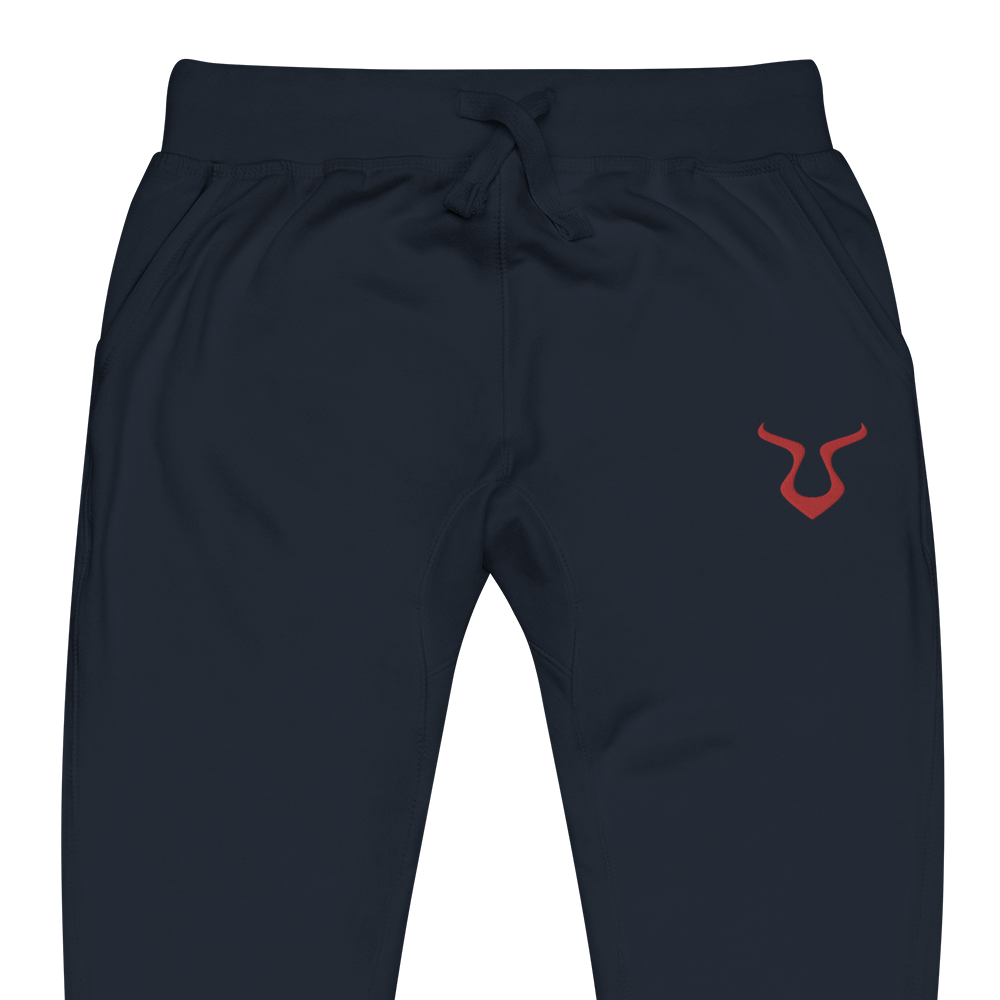 V - Sweatpants with side red logo, showcasing comfortable fleece lining.