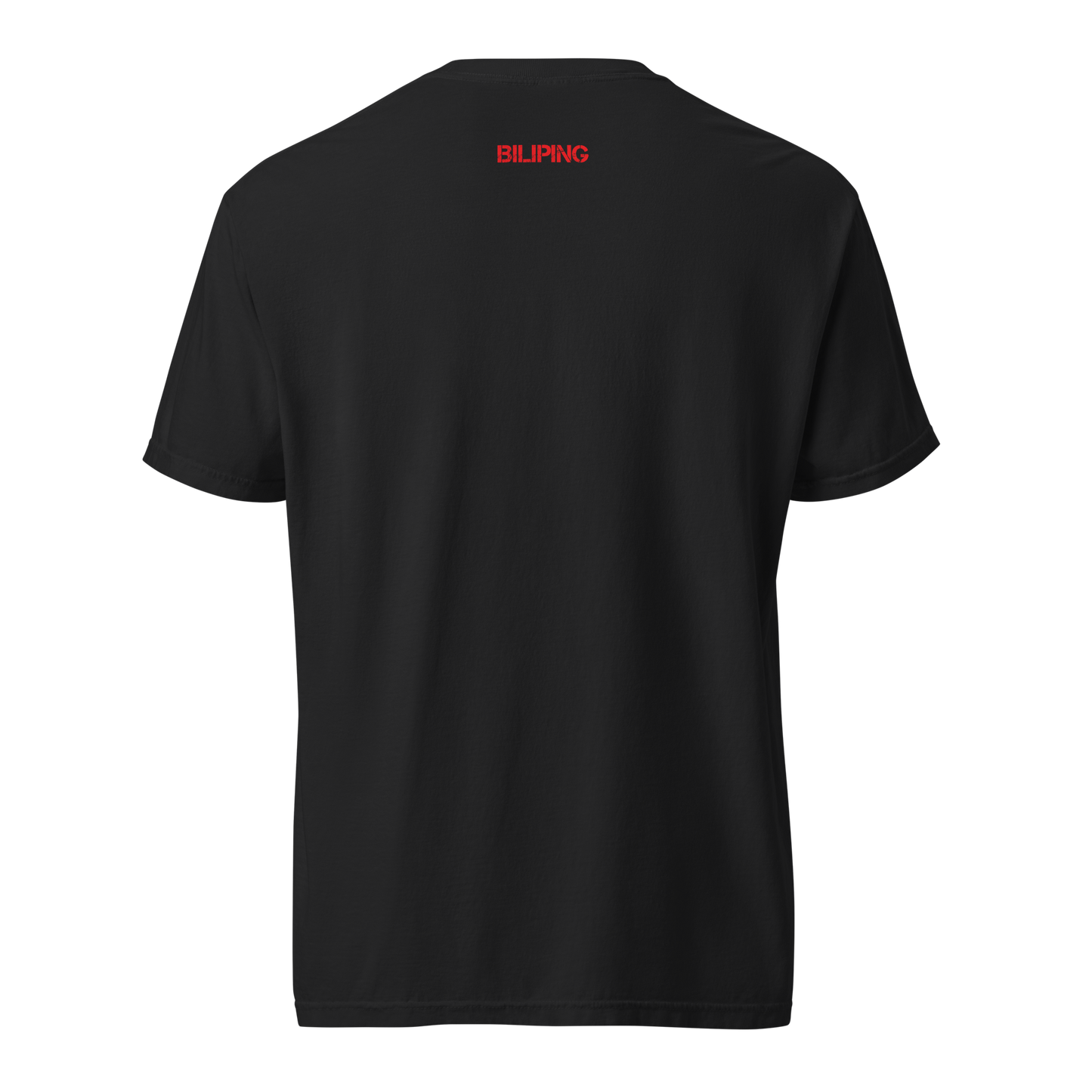 Back of V - Shirt with red text, black fabric close-up.