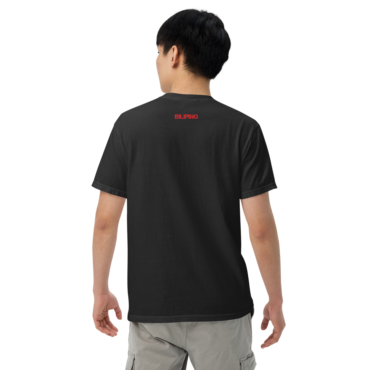 V - Shirt close-up showing sleeve and relaxed fit.