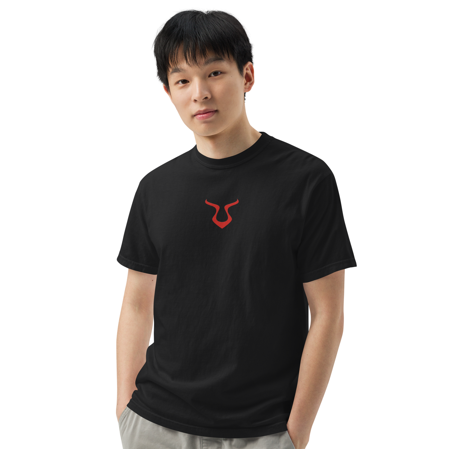 Close-up of nose wearing V - Shirt, showcasing relaxed fit and durable fabric.