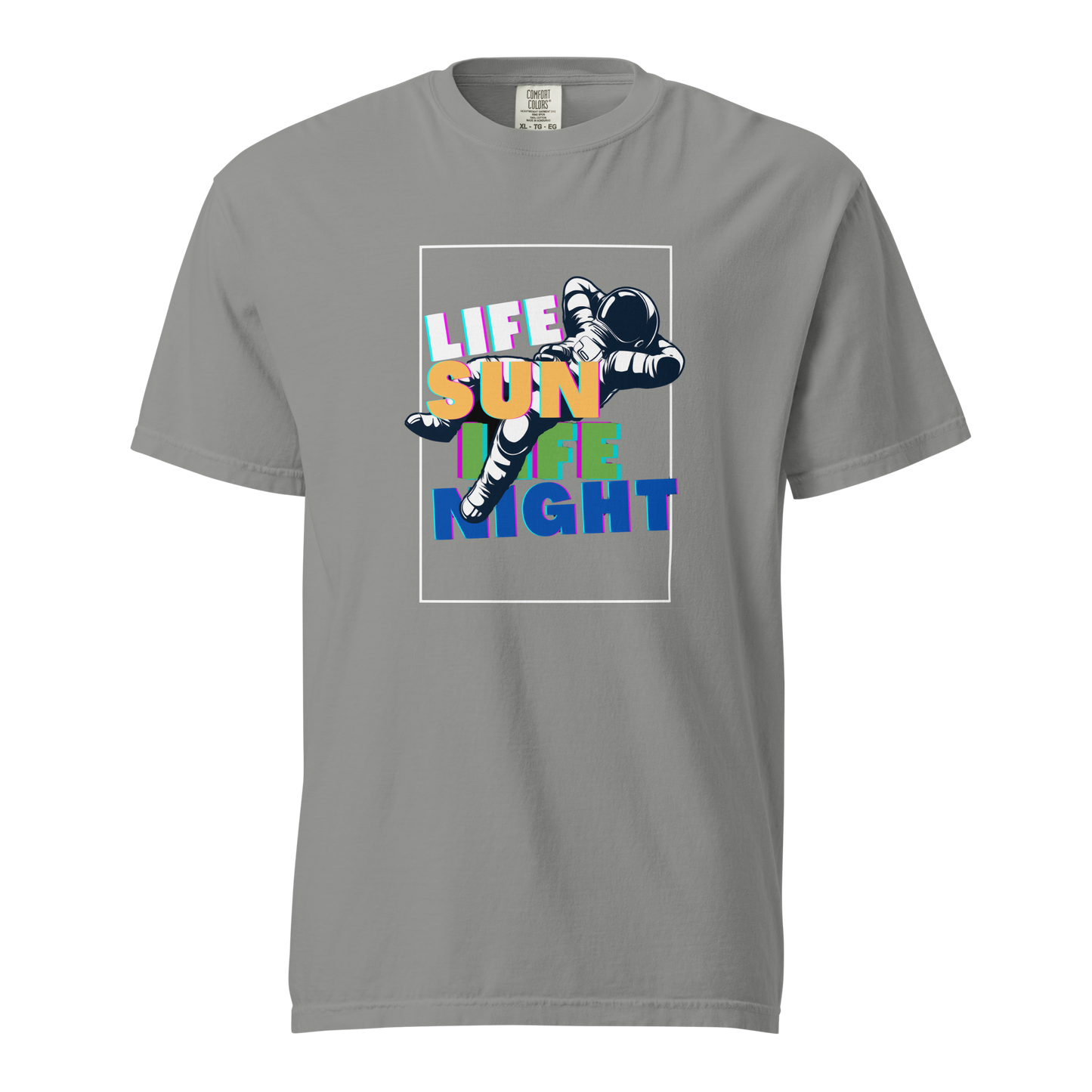 Cosmic Drift grey t-shirt with colorful text and graphic design.
