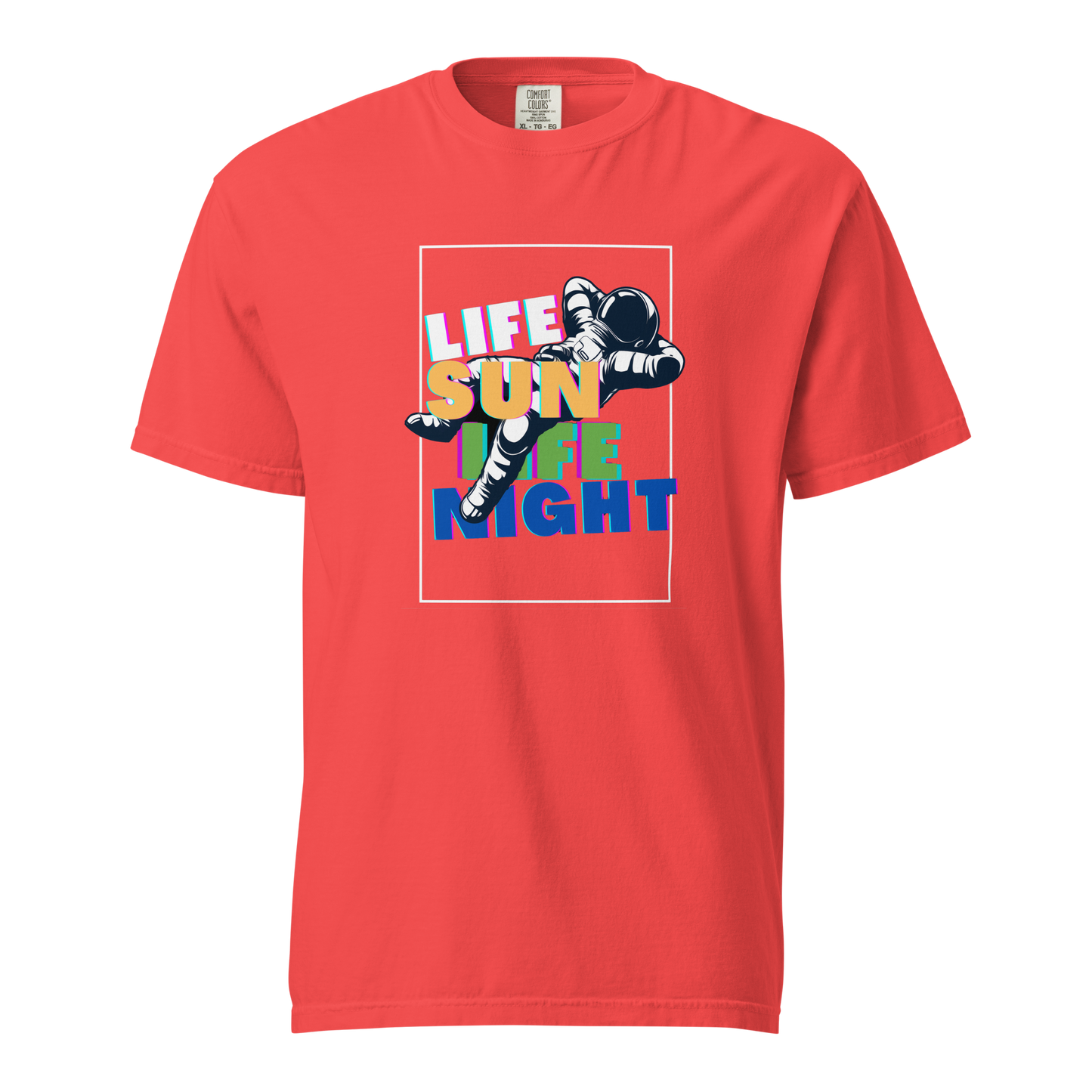 Cosmic Drift red t-shirt with text, durable and breathable for kids.