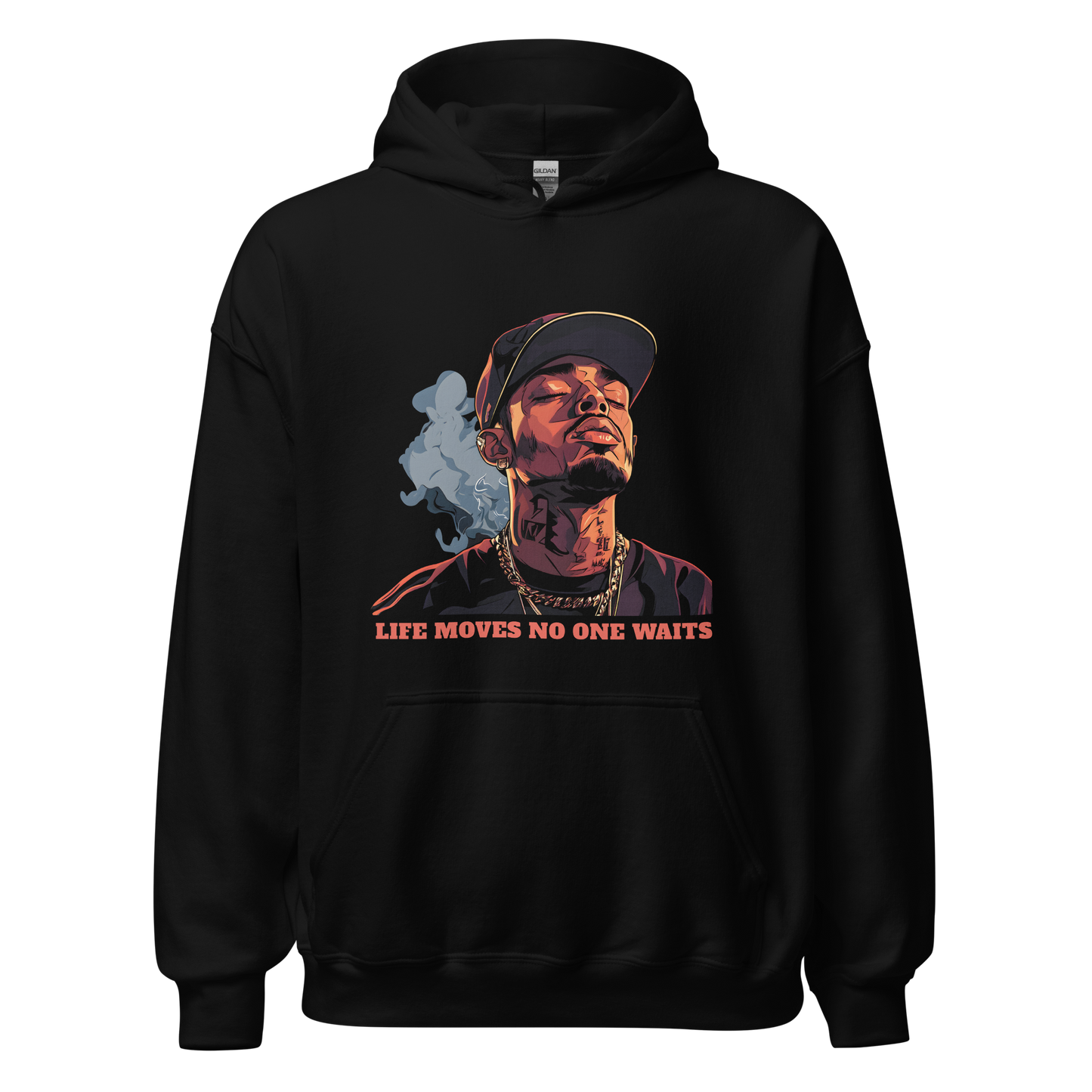 No Waiting hoodie featuring a man smoking print, stylish and soft.