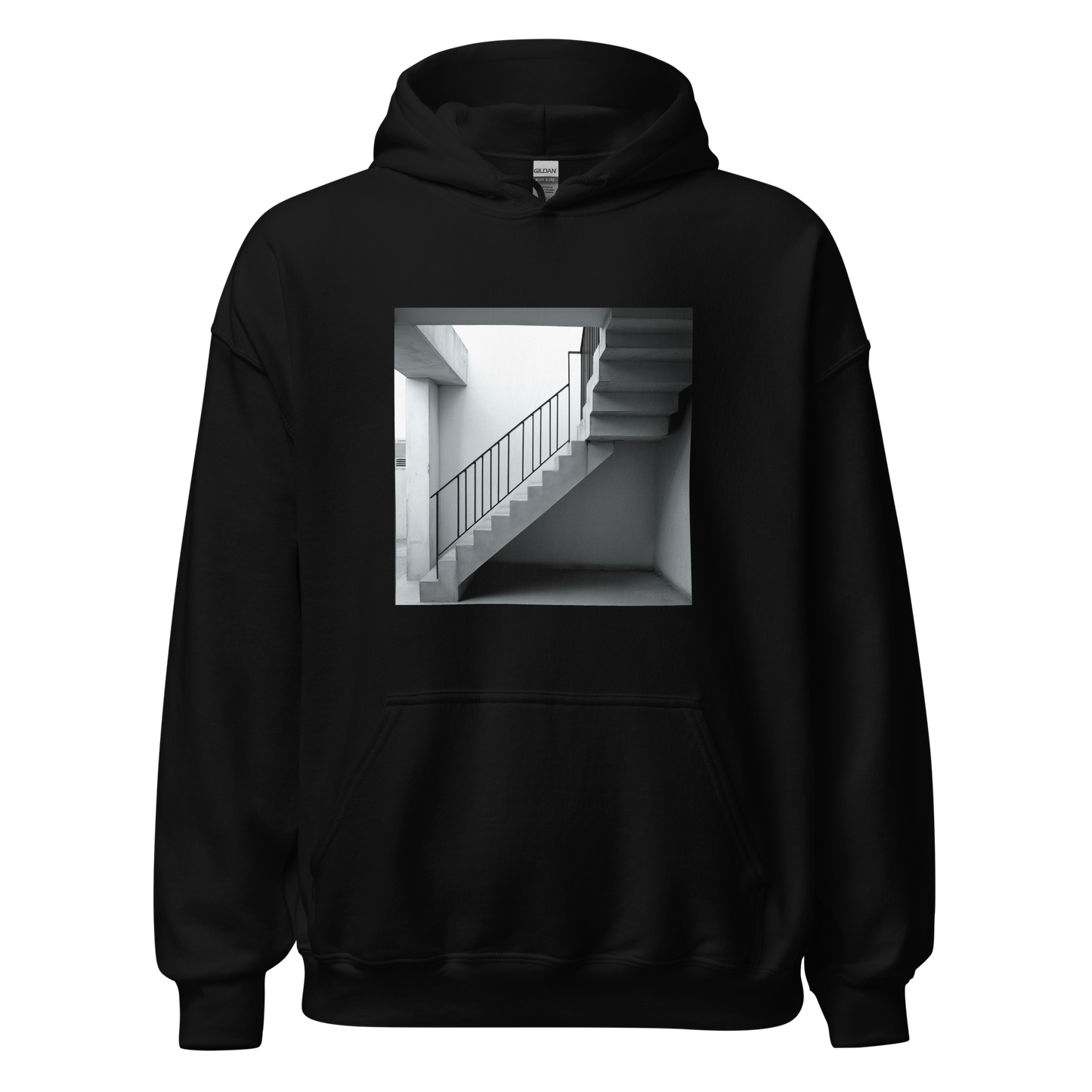 The Next Level black hoodie featuring staircase design.
