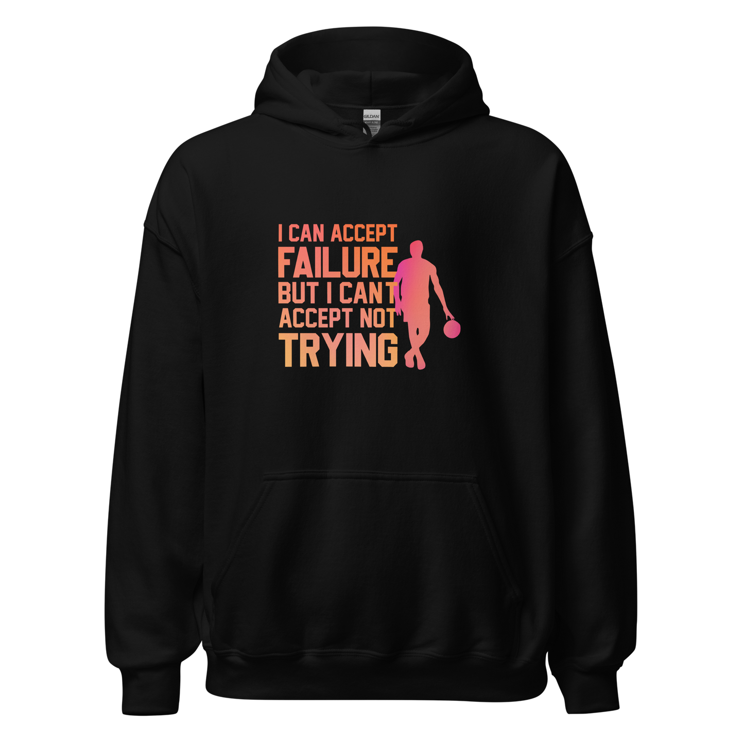 Not made for defeat black hoodie with pink text, front pouch pocket.