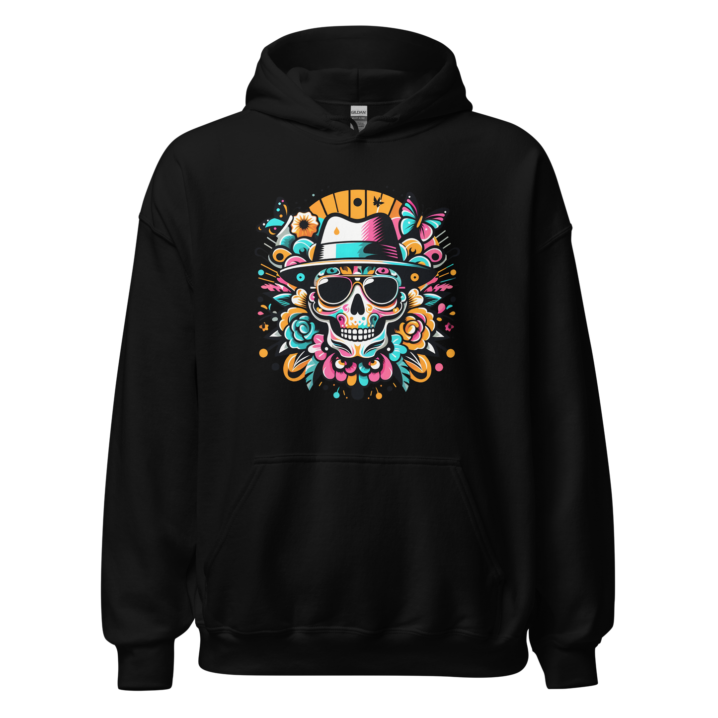 Grimz v2 Hoodie with skull and floral design, front pouch pocket.