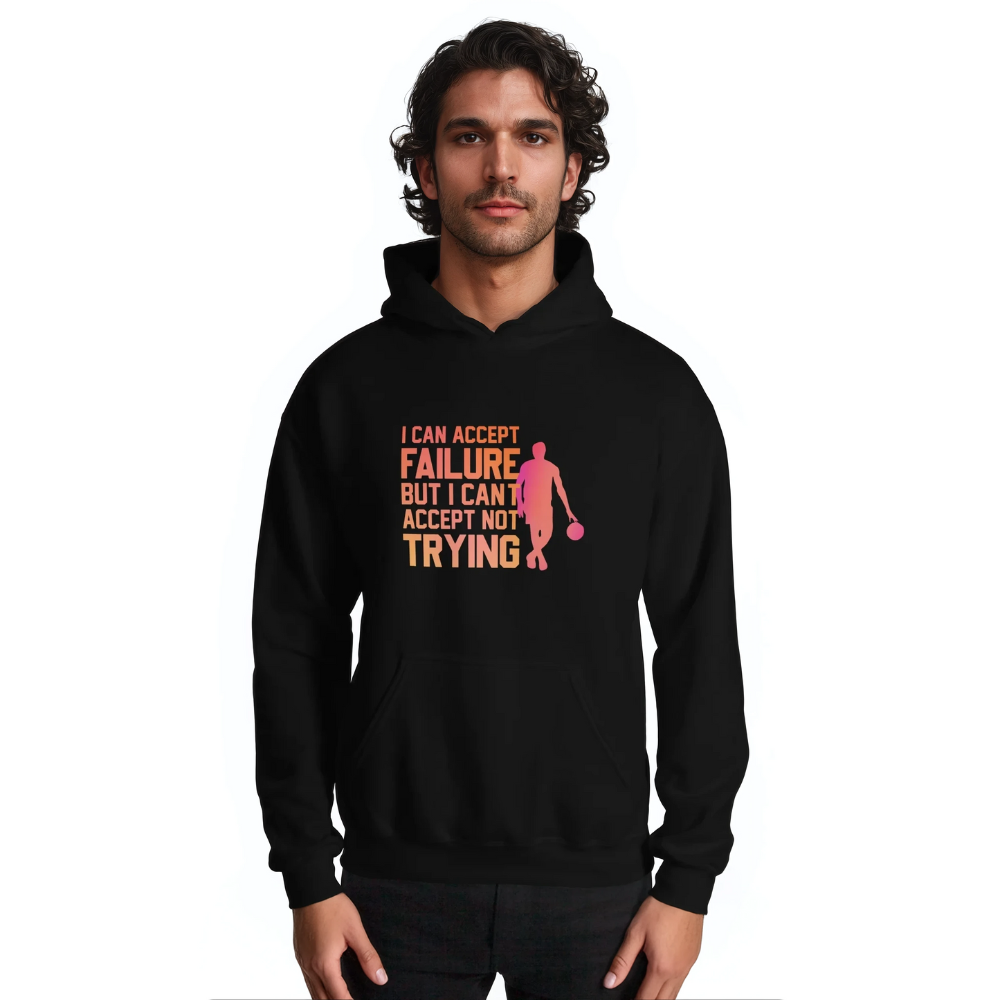 Person wearing 'Not Made for Defeat' black hoodie, highlighting comfort and style.