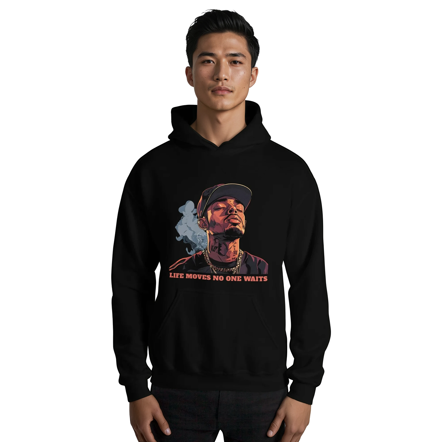 Hand in black No Waiting hoodie, showcasing soft fabric.