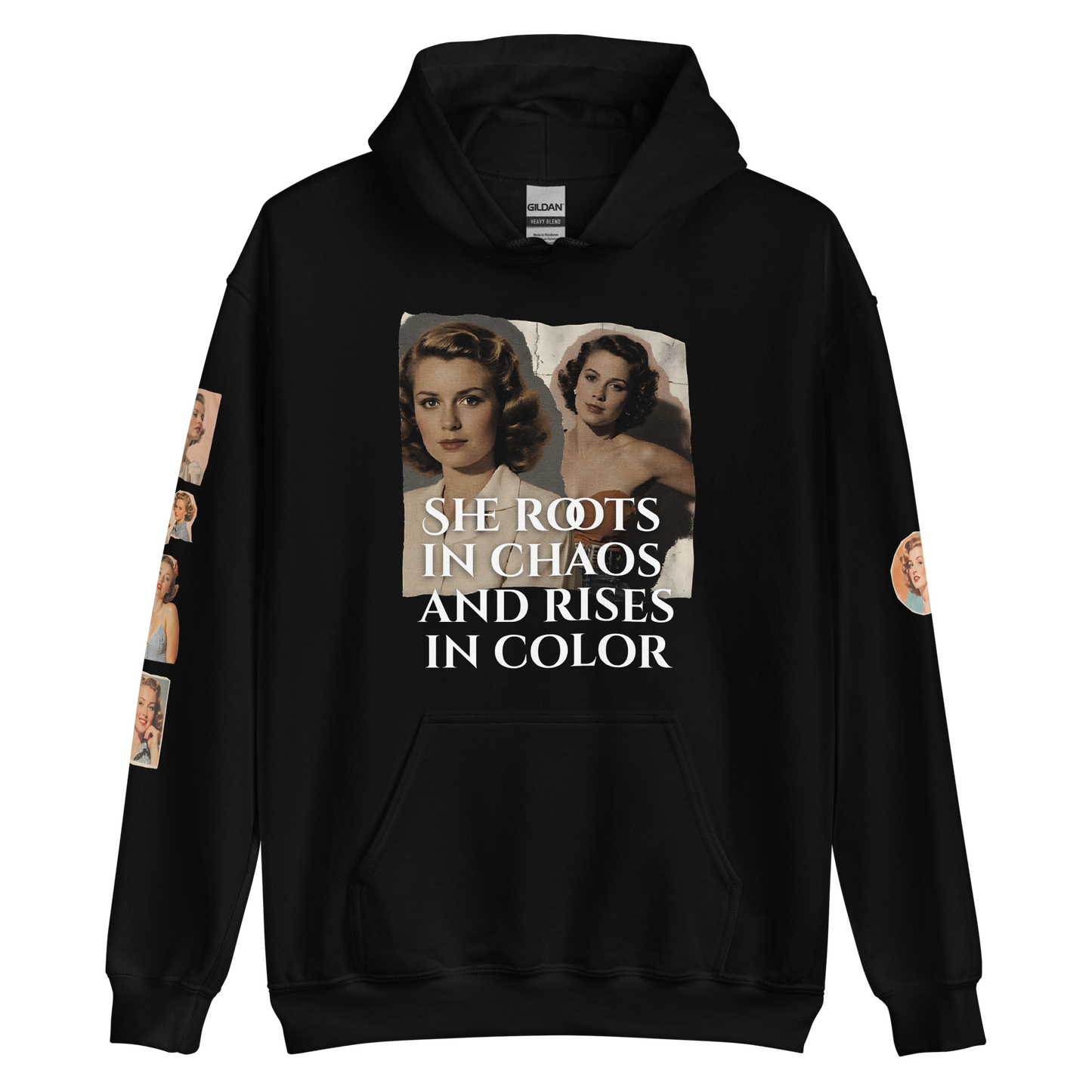 Woman wearing a Bloom Louder black hoodie with a white label, showcasing its soft, smooth design perfect for cool evenings, featuring a front pouch pocket.