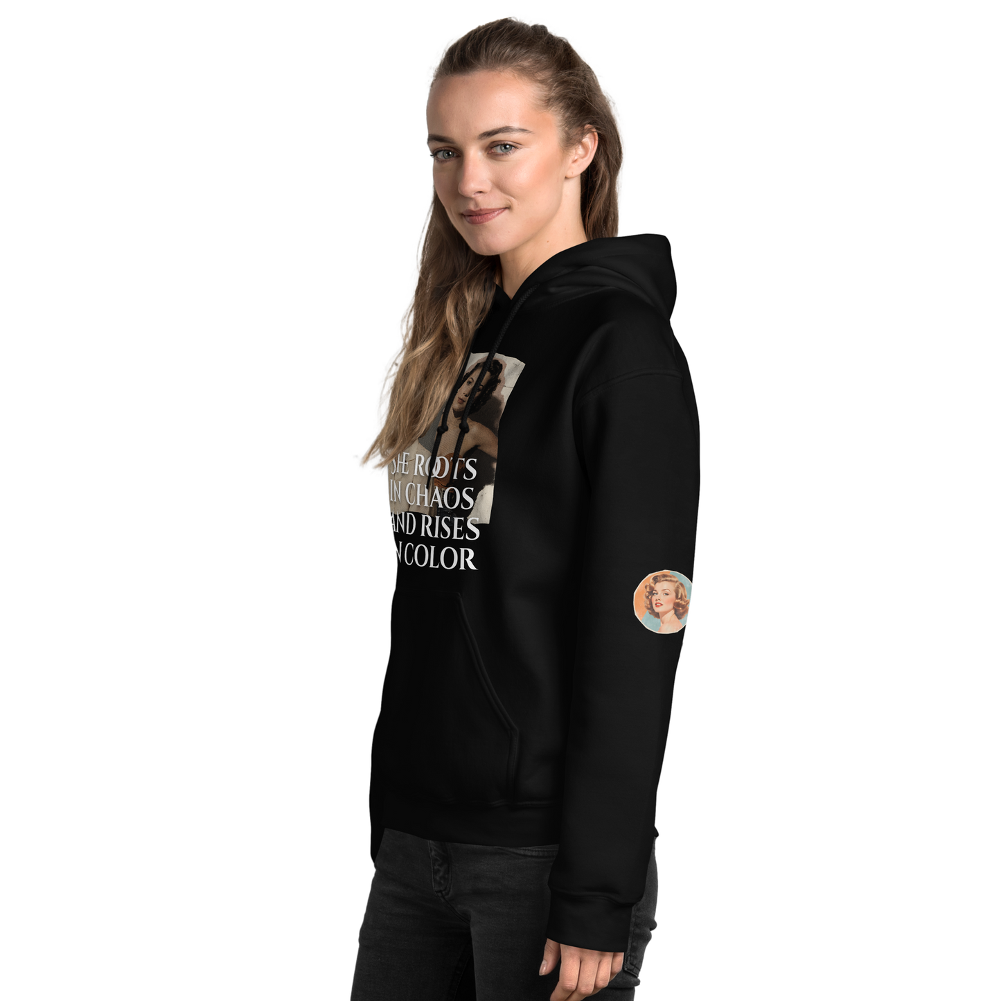 Woman wearing Bloom Louder black hoodie, showcasing its soft, smooth fabric and stylish design, ideal for cooler evenings.