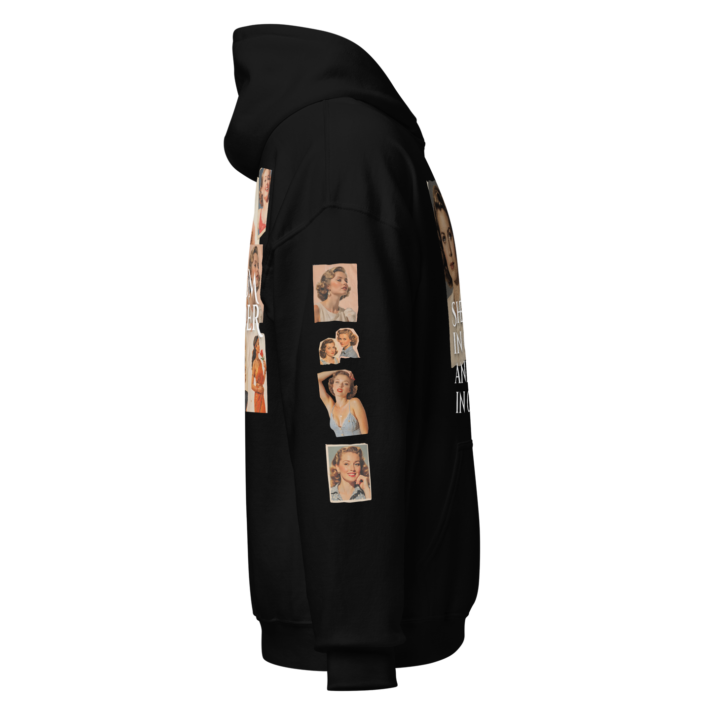 Close-up of a woman wearing the Bloom Louder hoodie, showcasing its soft fabric, double-lined hood, and front pouch pocket for stylish comfort.