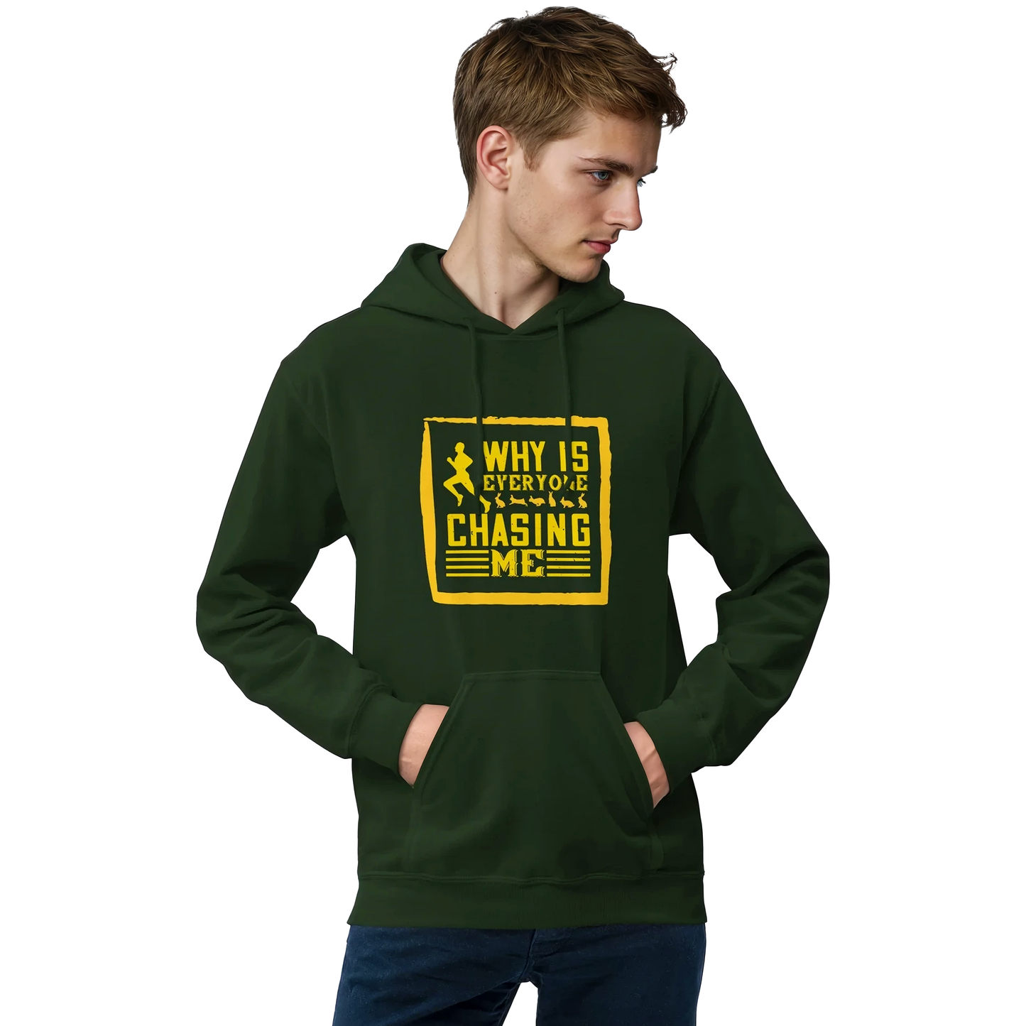 Man wearing 'Everyone Chasing Me' green sweatshirt with yellow logo.