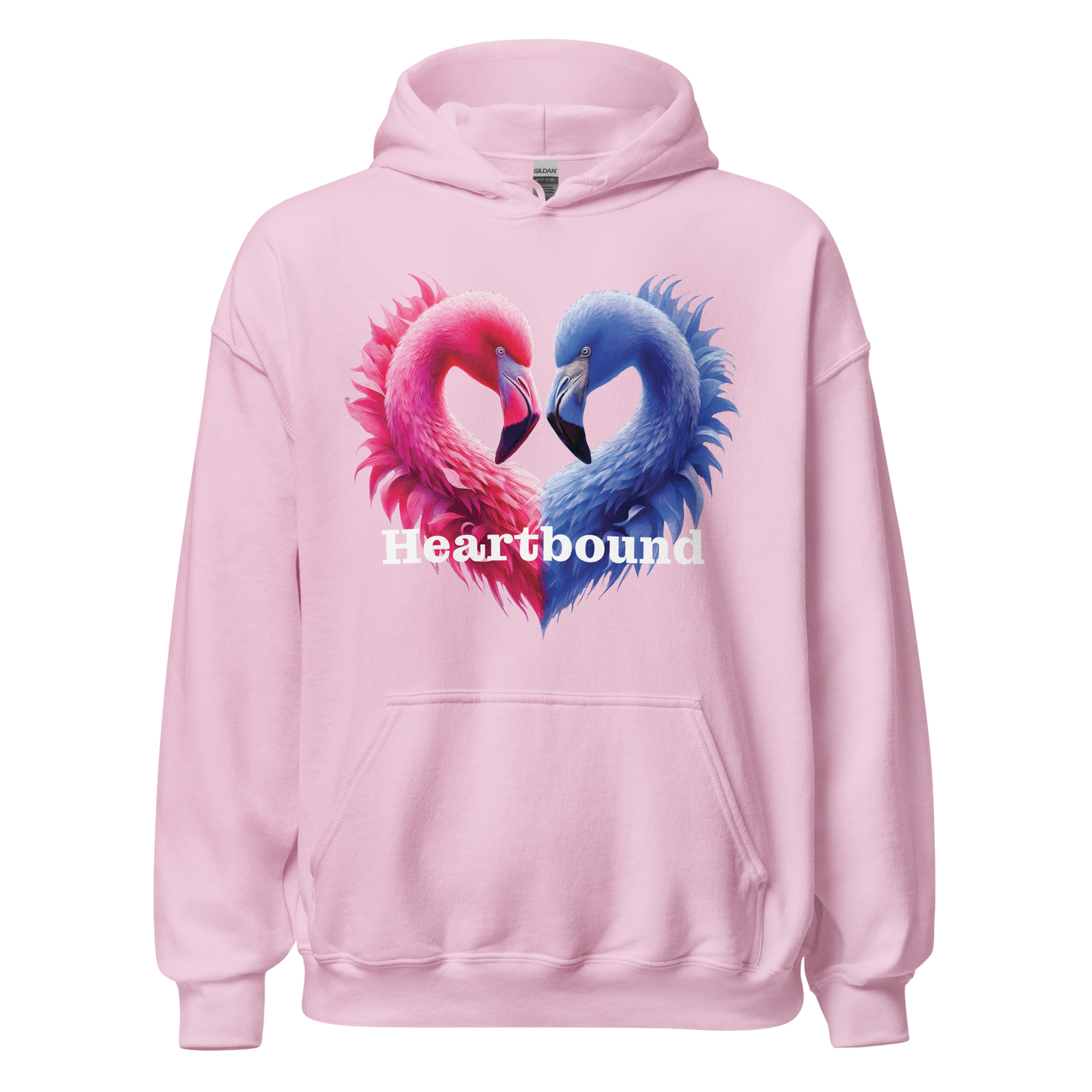 Love is Boundless pink hoodie with flamingo print, showcasing comfort and style.