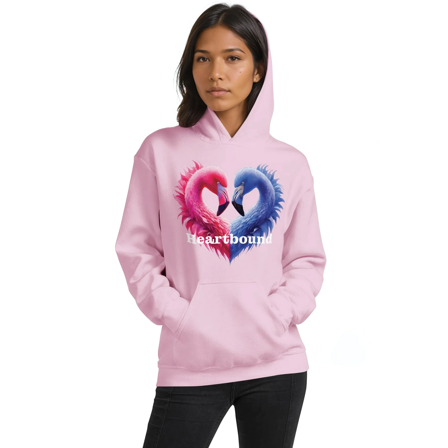 Love is Boundless pink hoodie with flamingo graphic worn by a woman.