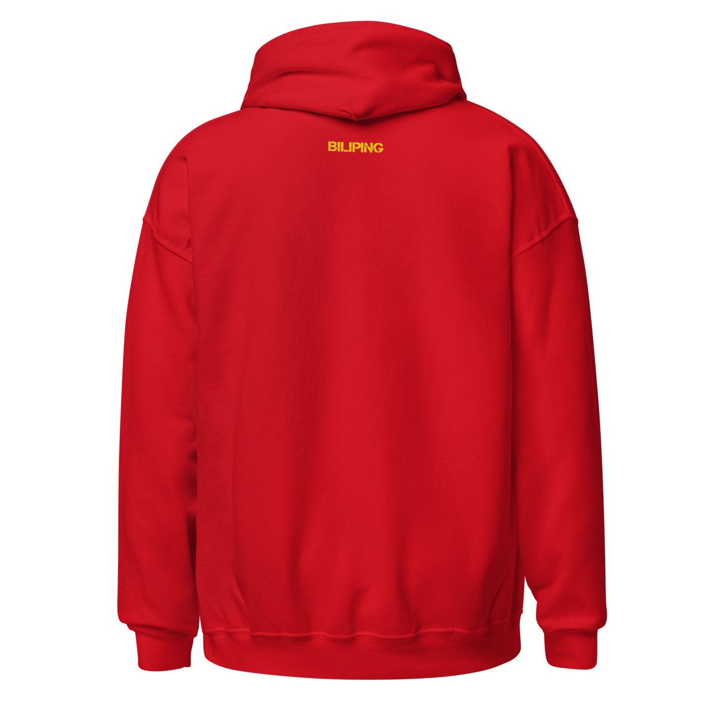 Everyone Chasing Me red hoodie, close-up of fabric and hood.