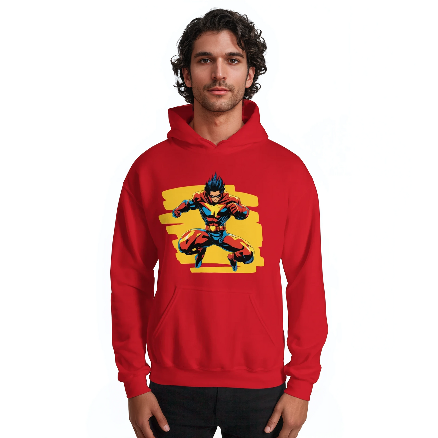Dynamic Action Hoodie featuring cartoon character, worn by man.