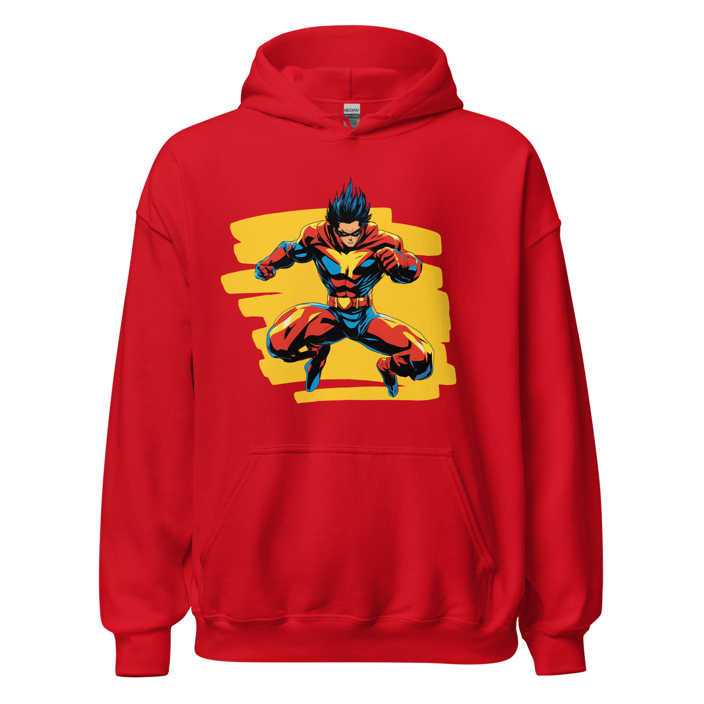 Dynamic Action Hoodie with cartoon superhero, soft fabric, durable stitching.