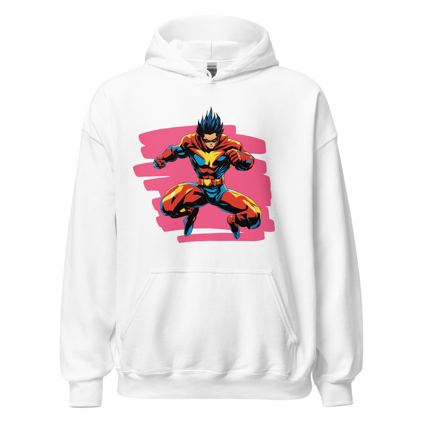 Dynamic Action Hoodie with cartoon character design, featuring a front pouch pocket.