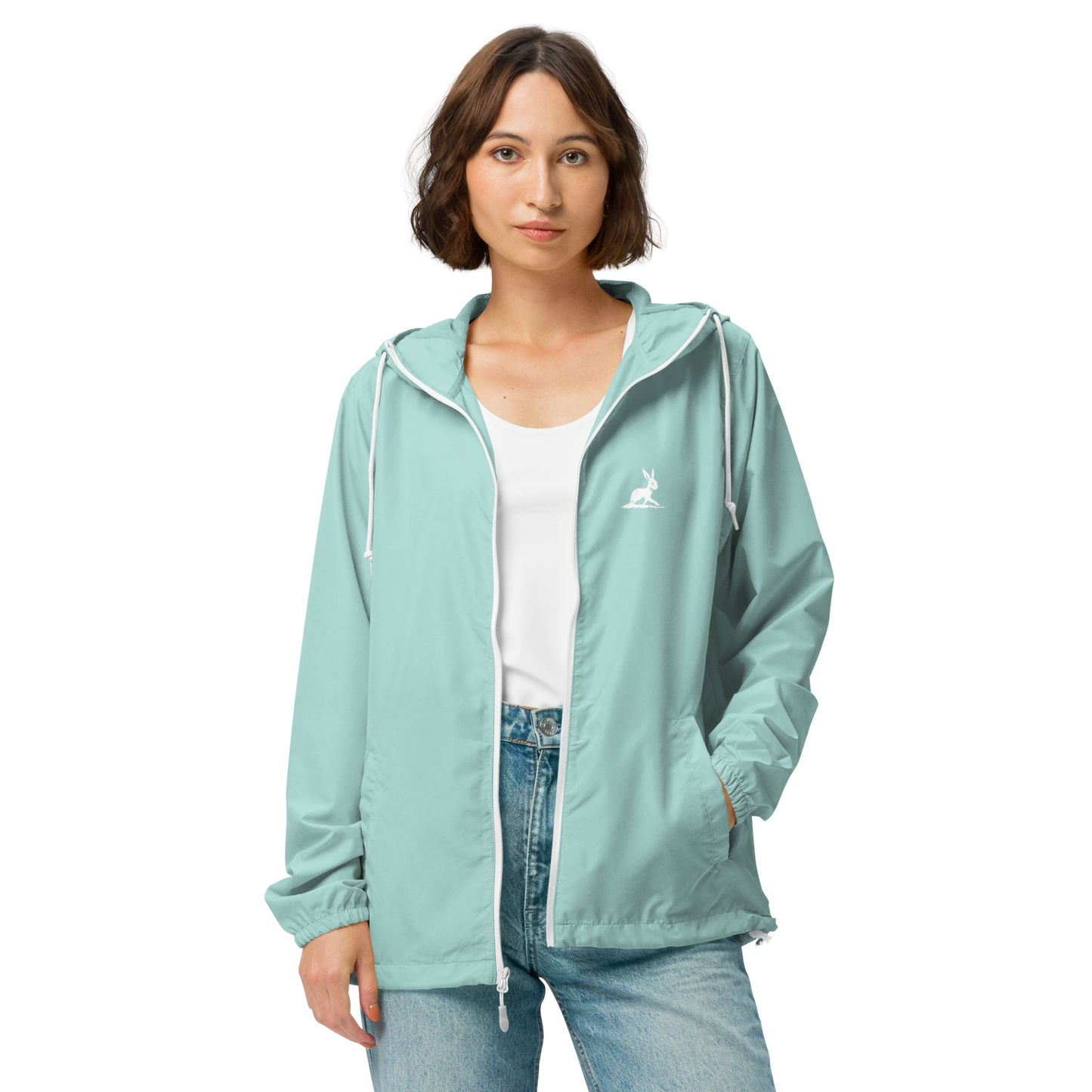Biliping Windbreaker close-up on hand, neck, and jeans detail.