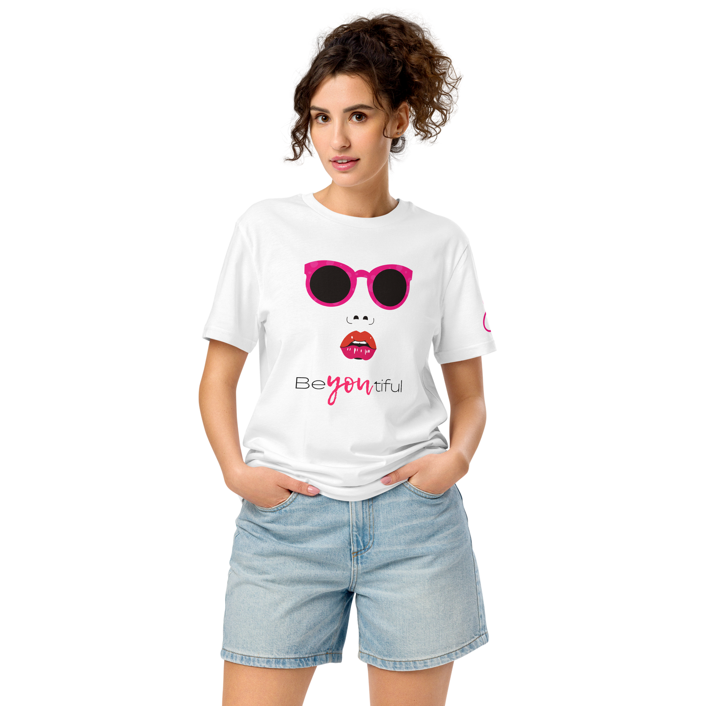 BeYou Tee worn with pink sunglasses, featuring a soft, eco-friendly design.