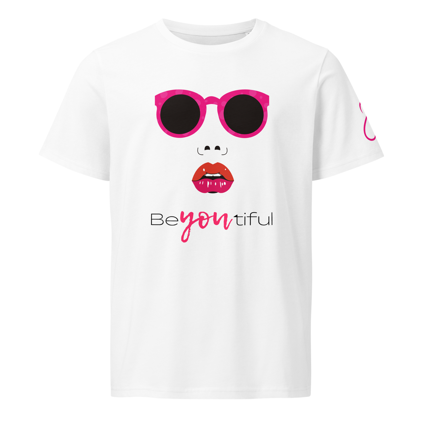 BeYou Tee featuring pink sunglasses and lips design on the front.