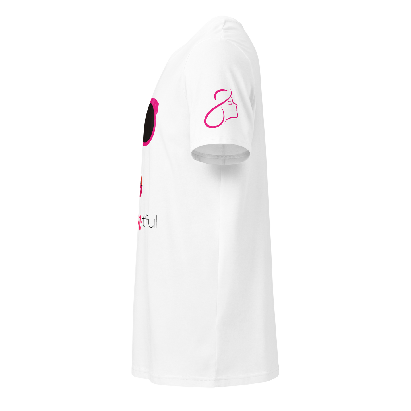 BeYou Tee, white shirt featuring pink face logo, organic cotton.