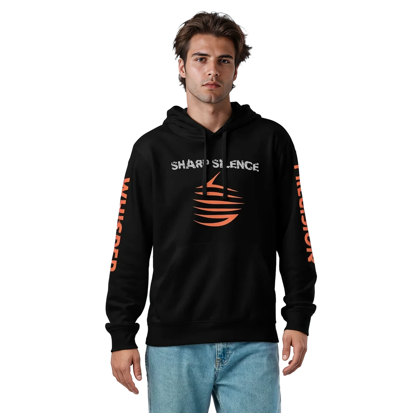 Precision Whisper hoodie draped on a person, showcasing mid-weight organic cotton blend.
