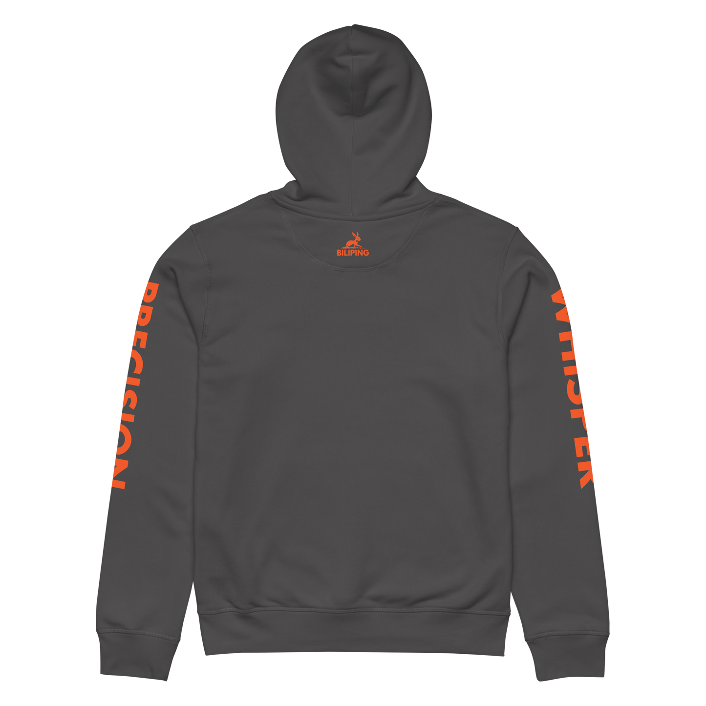 Precision Whisper hoodie, organic cotton, recycled polyester, back view, half-moon detail.