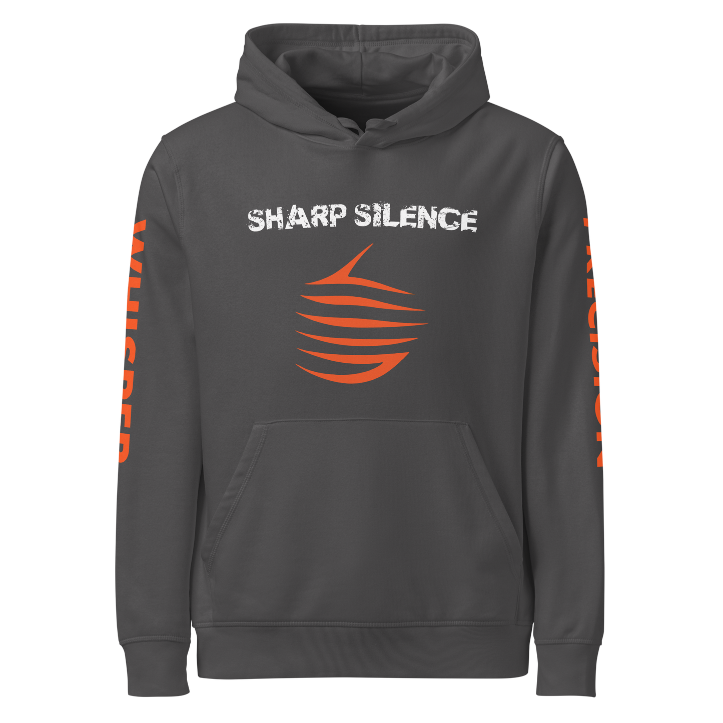 Precision Whisper: Close-up of a grey mid-weight hoodie, showcasing fabric and white lettering.