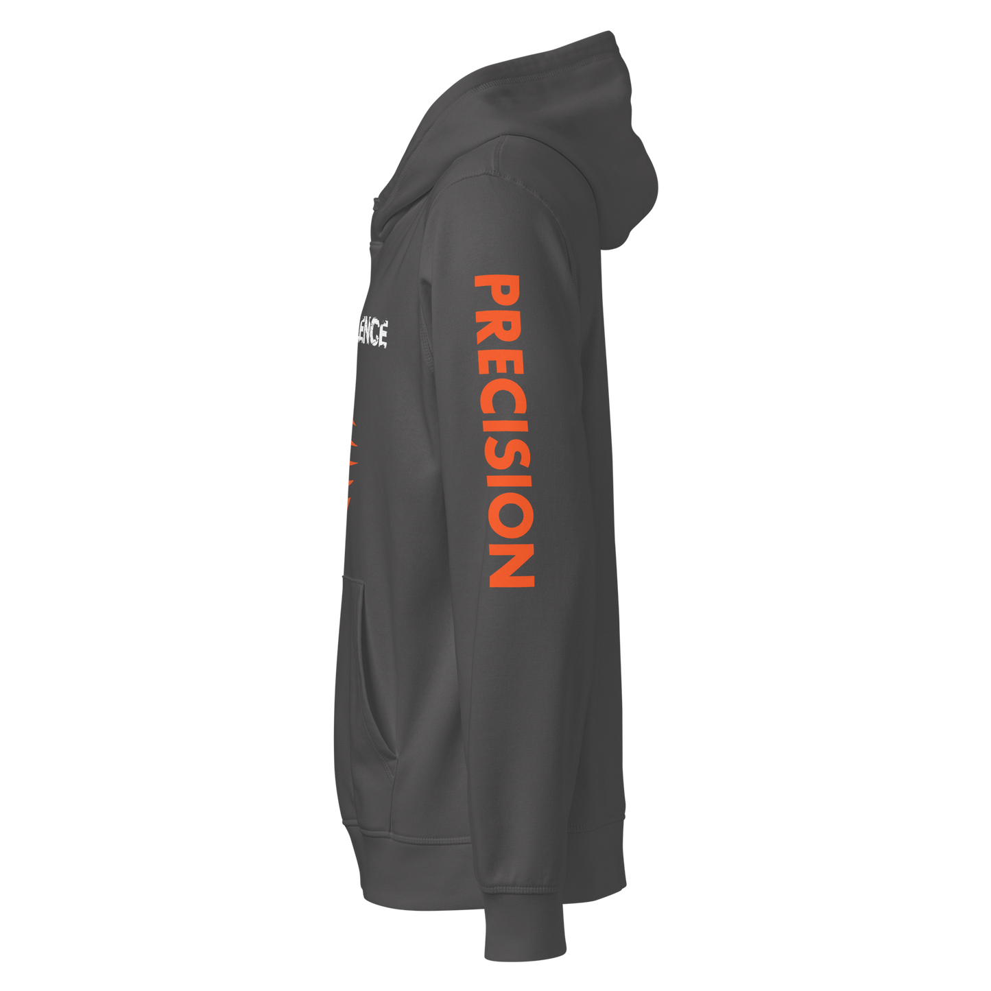 Precision Whisper hoodie close-up, showcasing its sleek half-moon back detail.