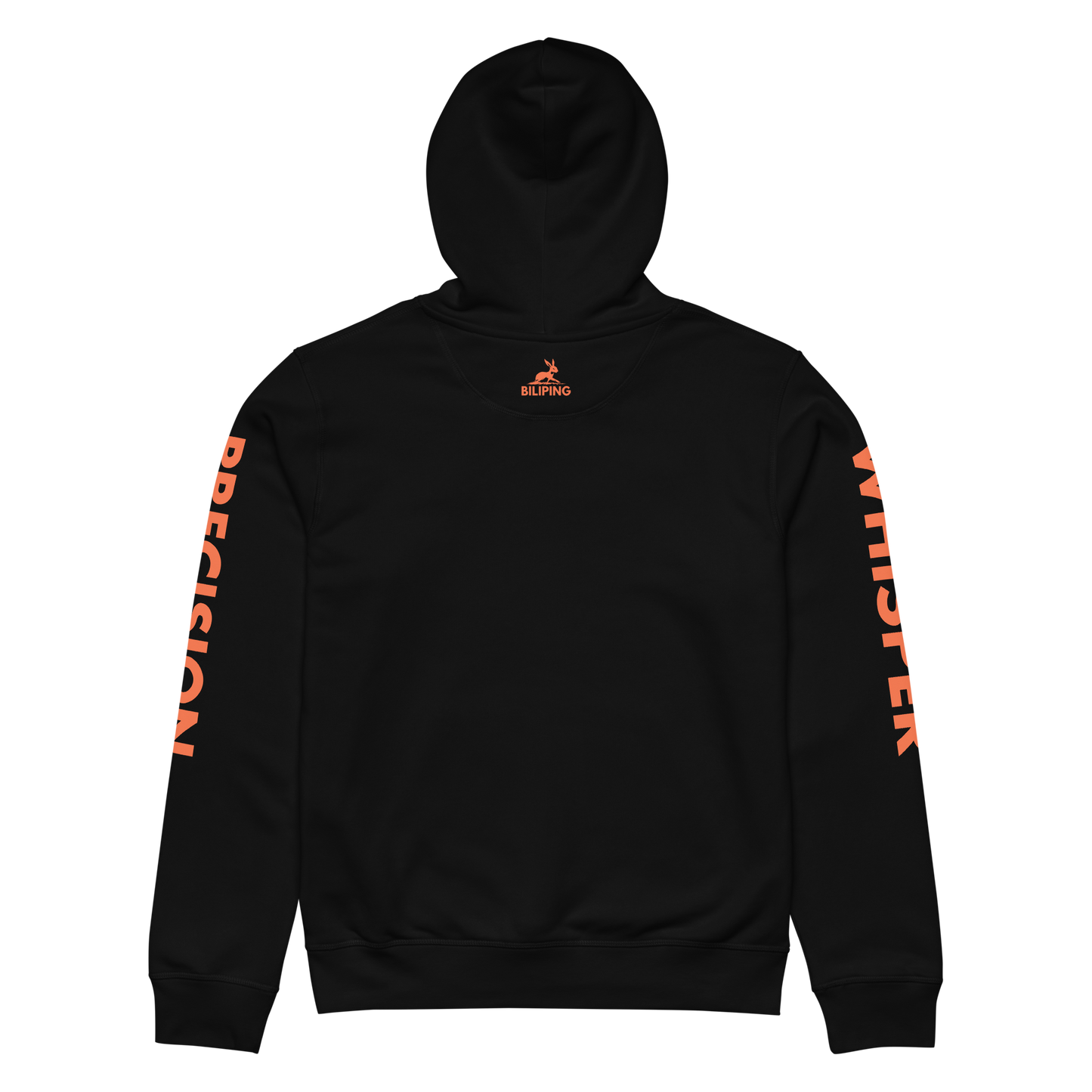Precision Whisper hoodie with orange writing, worn by a person.