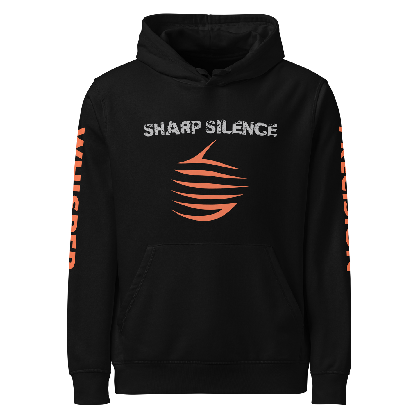 Precision Whisper hoodie featuring white text detail, showcasing organic comfort.
