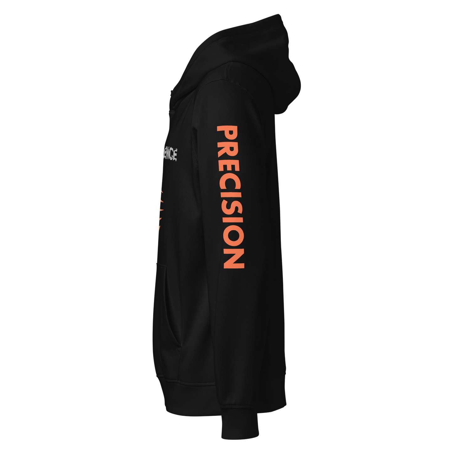 Precision Whisper hoodie draped over shoulder, featuring orange text and sleek design.