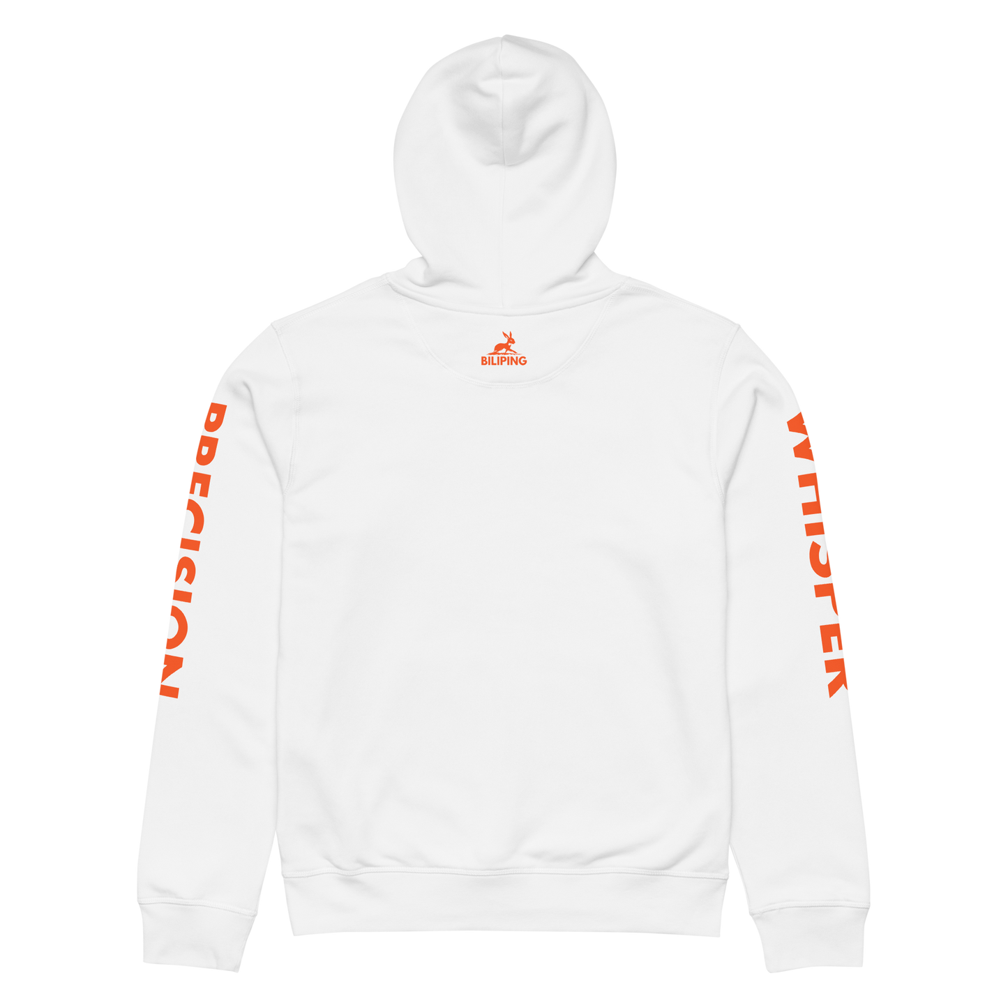 Person wearing Precision Whisper hoodie, showcasing its sleek, orange-accented design.