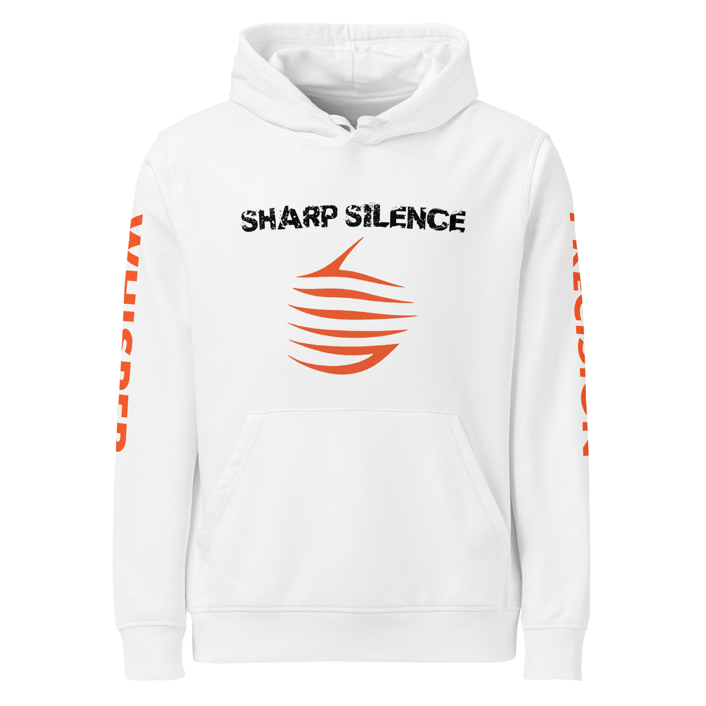 Precision Whisper hoodie close-up, showcasing refined half-moon detail and premium fabric.