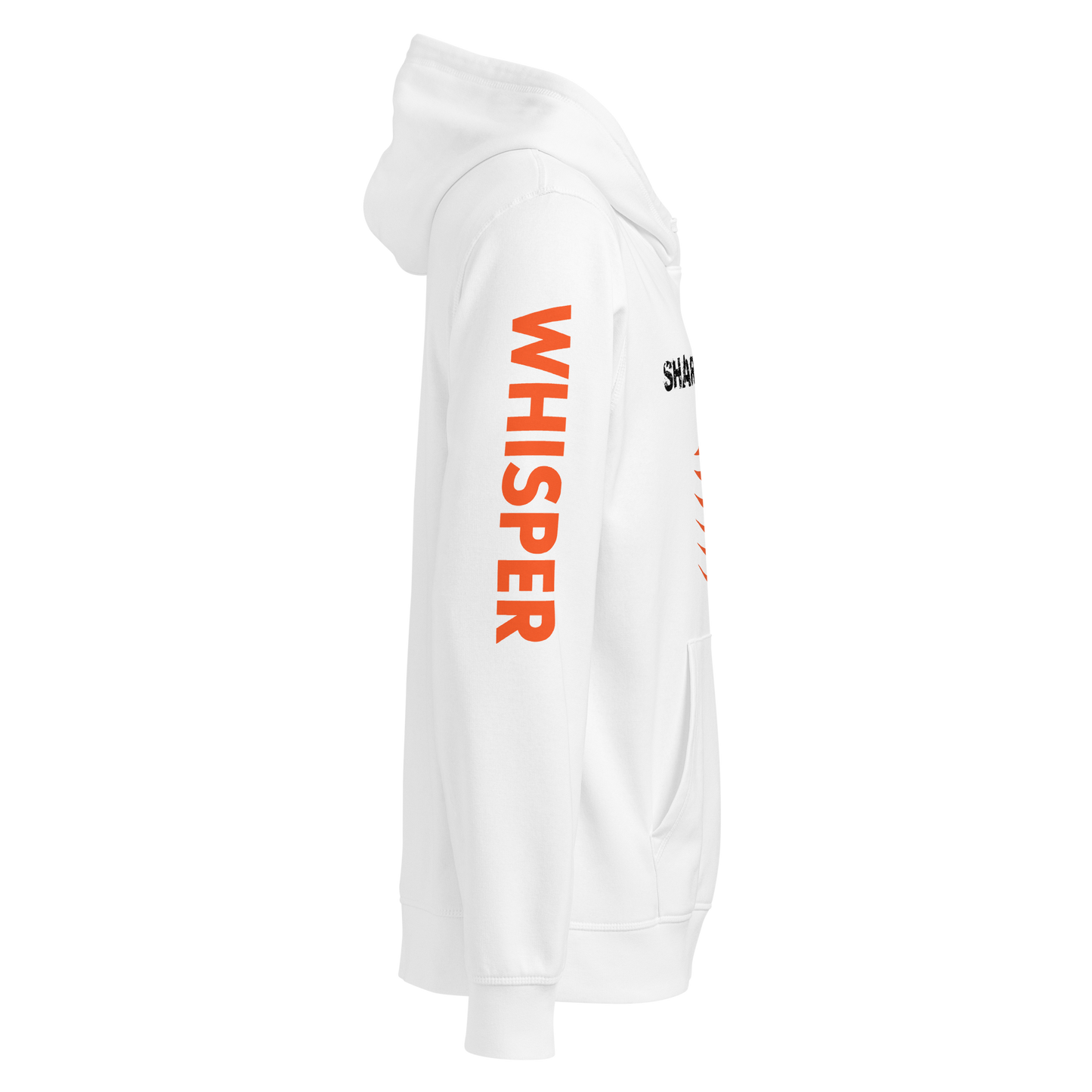 Precision Whisper hoodie on shoulder, orange letters detail, fabric close-up.