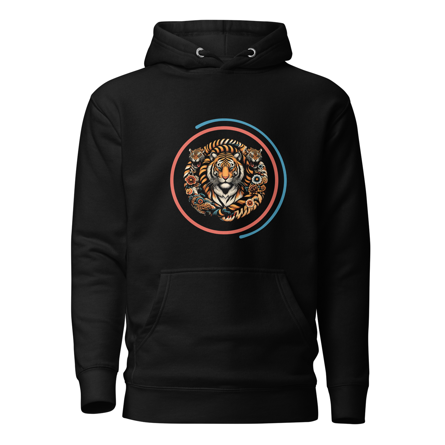 The Slithering Tiger hoodie, showcasing a detailed tiger design on black fabric.