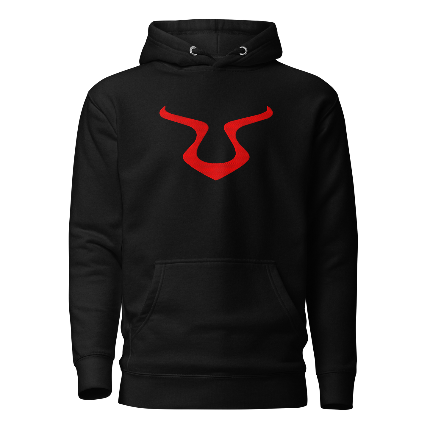 V - Hoodie with red logo, pouch pocket, and 3-panel hood.