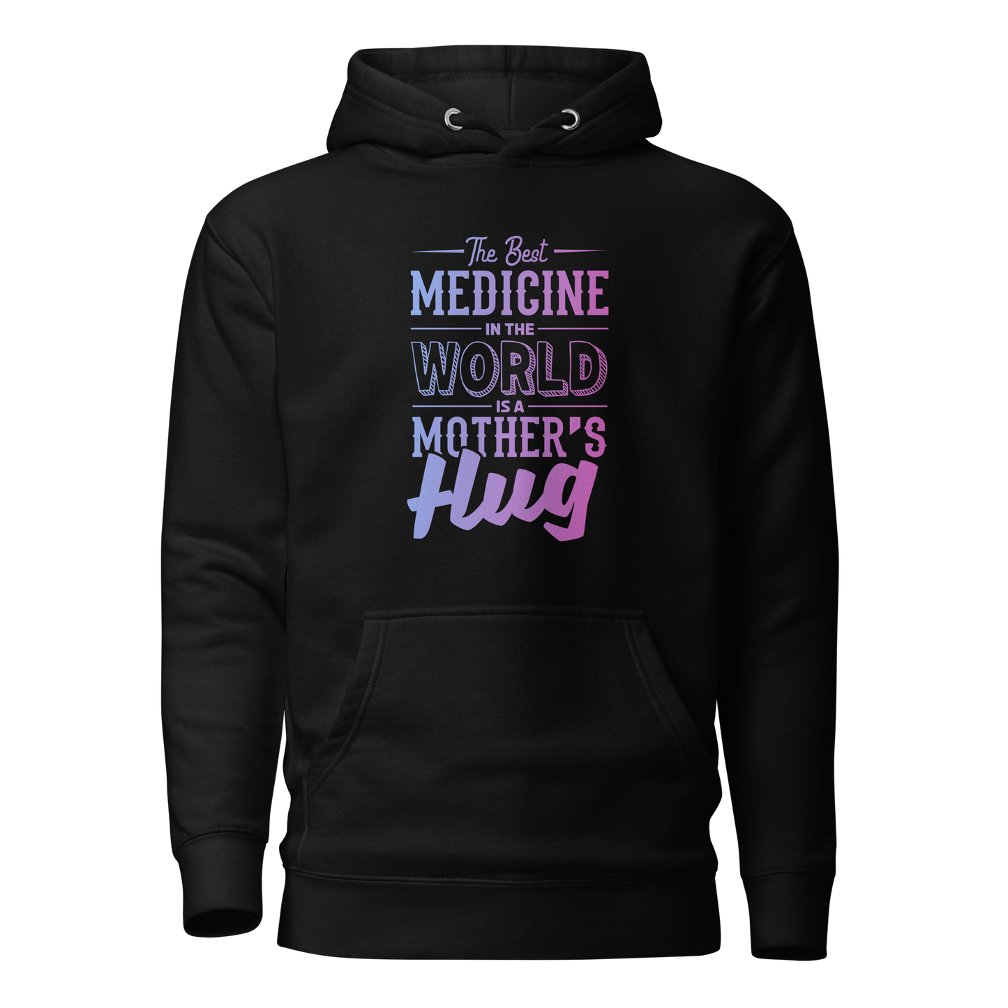 The Best Medicine black sweatshirt with purple text, pouch pocket, and hood.