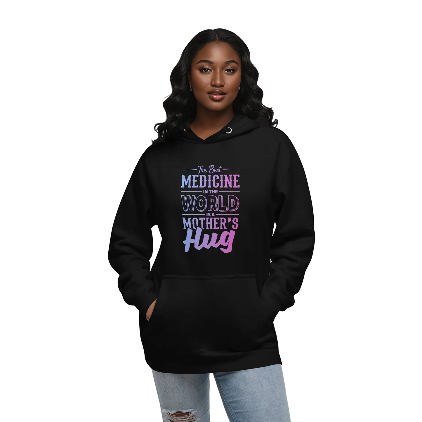 Woman in The Best Medicine black hoodie with pouch pocket.