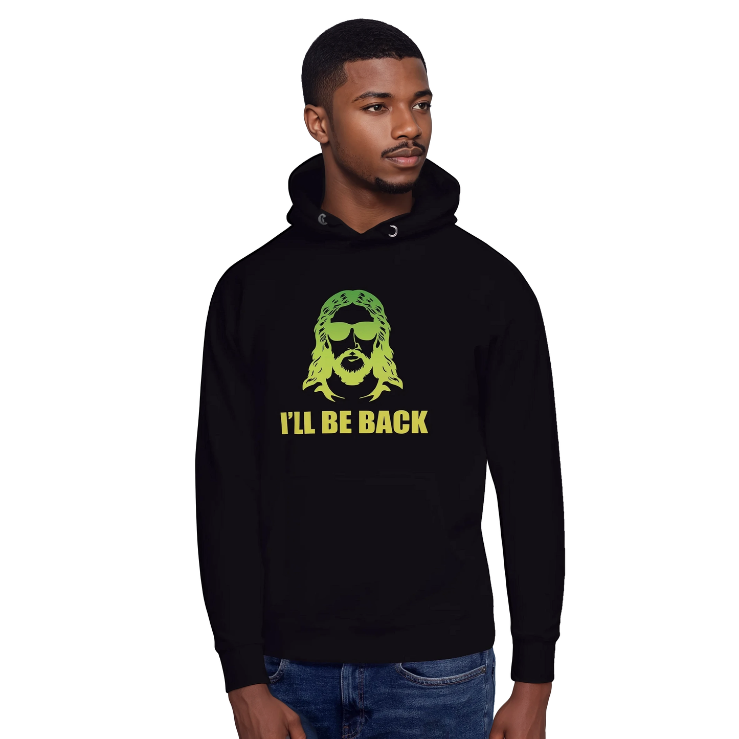 Man with goatee wearing I'll be back hoodie, side view.