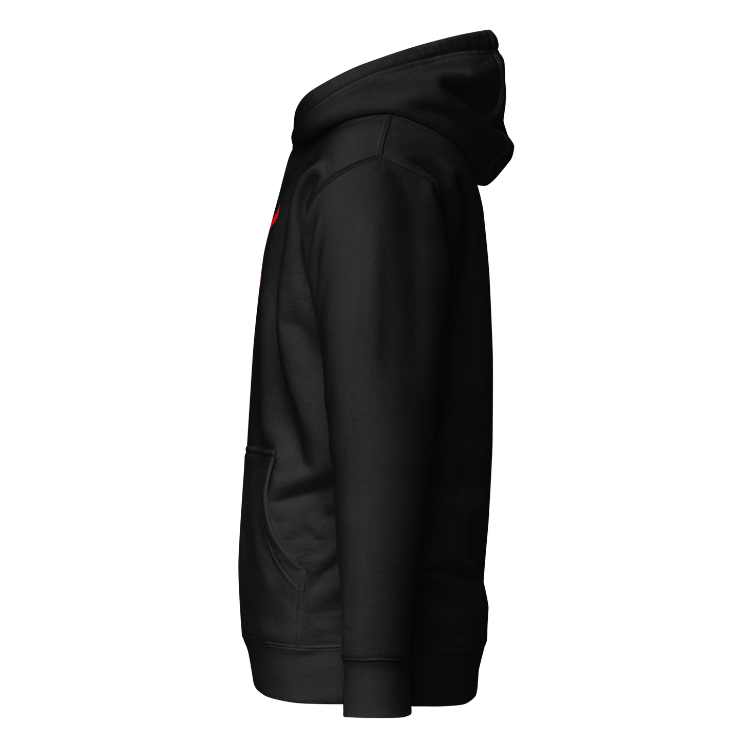 V - Hoodie close-up showing hood and pouch pocket details.