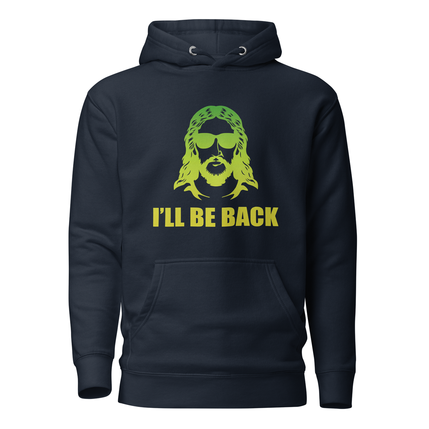 Close-up of I'll be back hoodie featuring a pouch pocket.