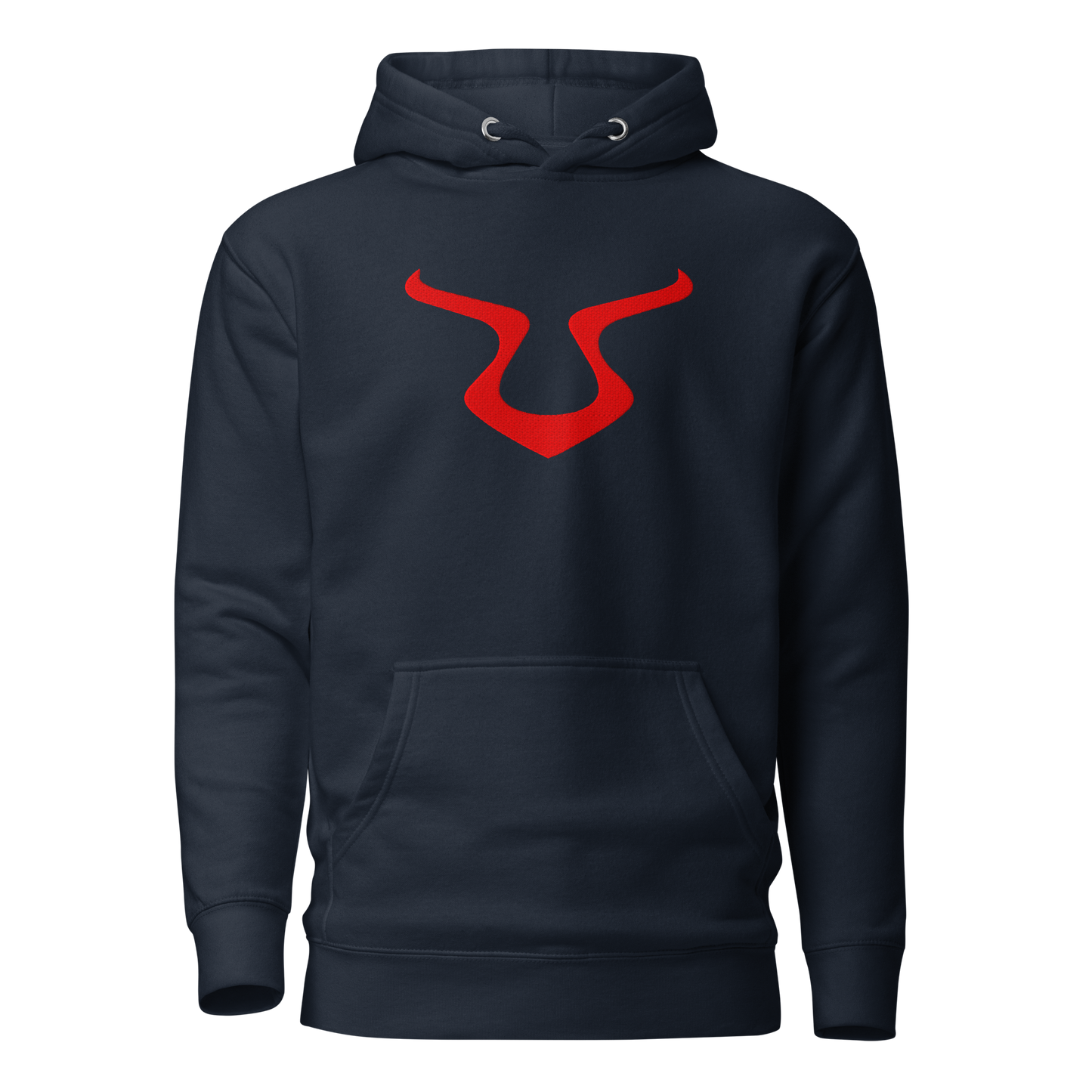 V - Hoodie with red logo, close-up of pouch pocket.