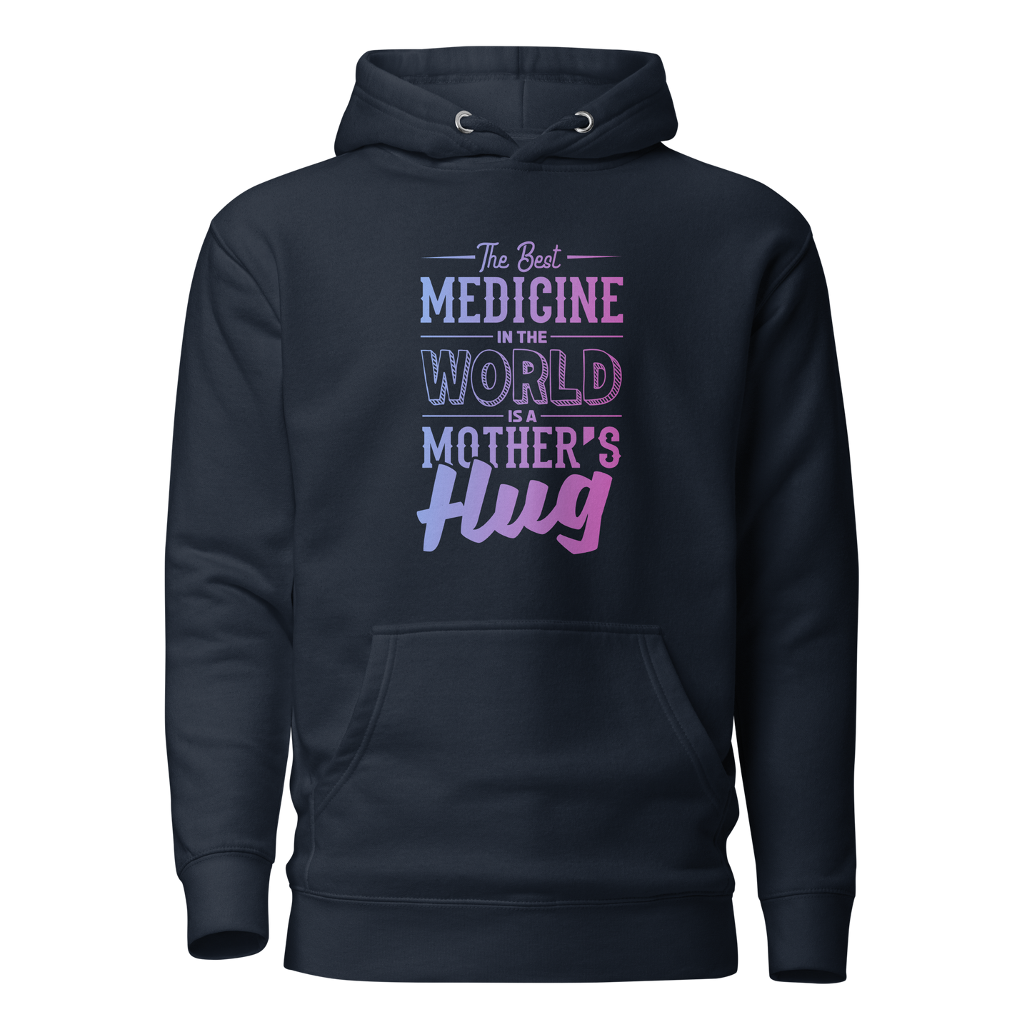 The Best Medicine hoodie close-up showing logo and pouch pocket.