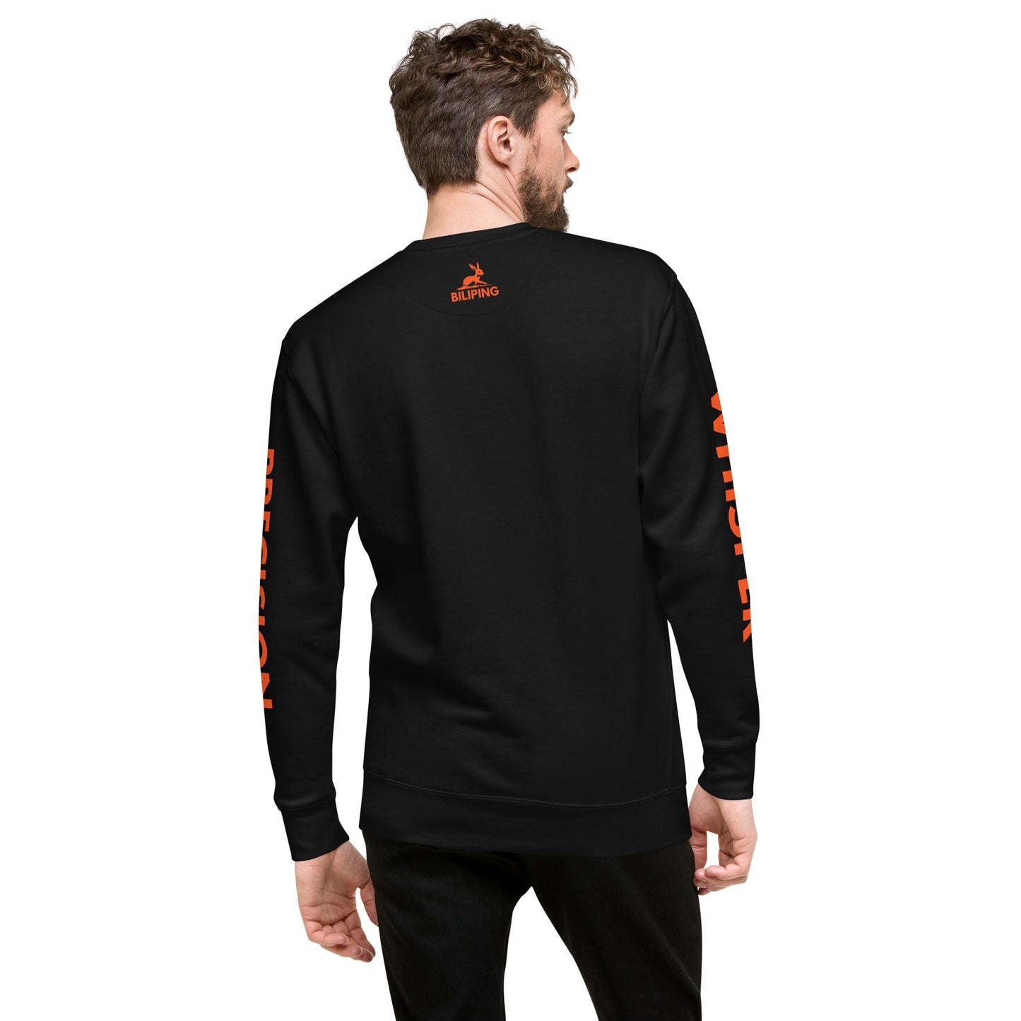 Precision Whisper sweatshirt close-up, showcasing ribbed crew neck and soft fleece texture.