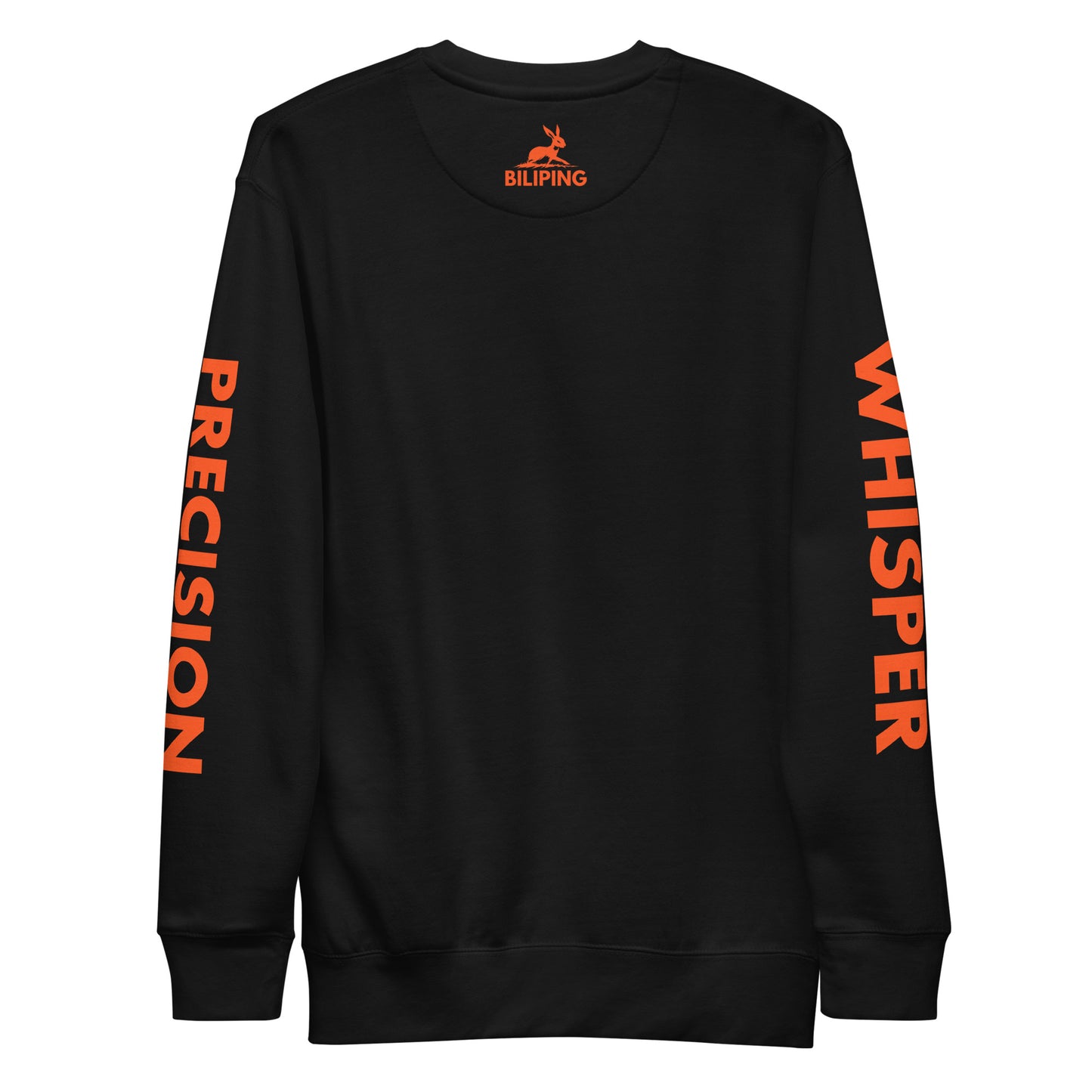 Precision Whisper sweatshirt with ribbed crew neck and orange writing.