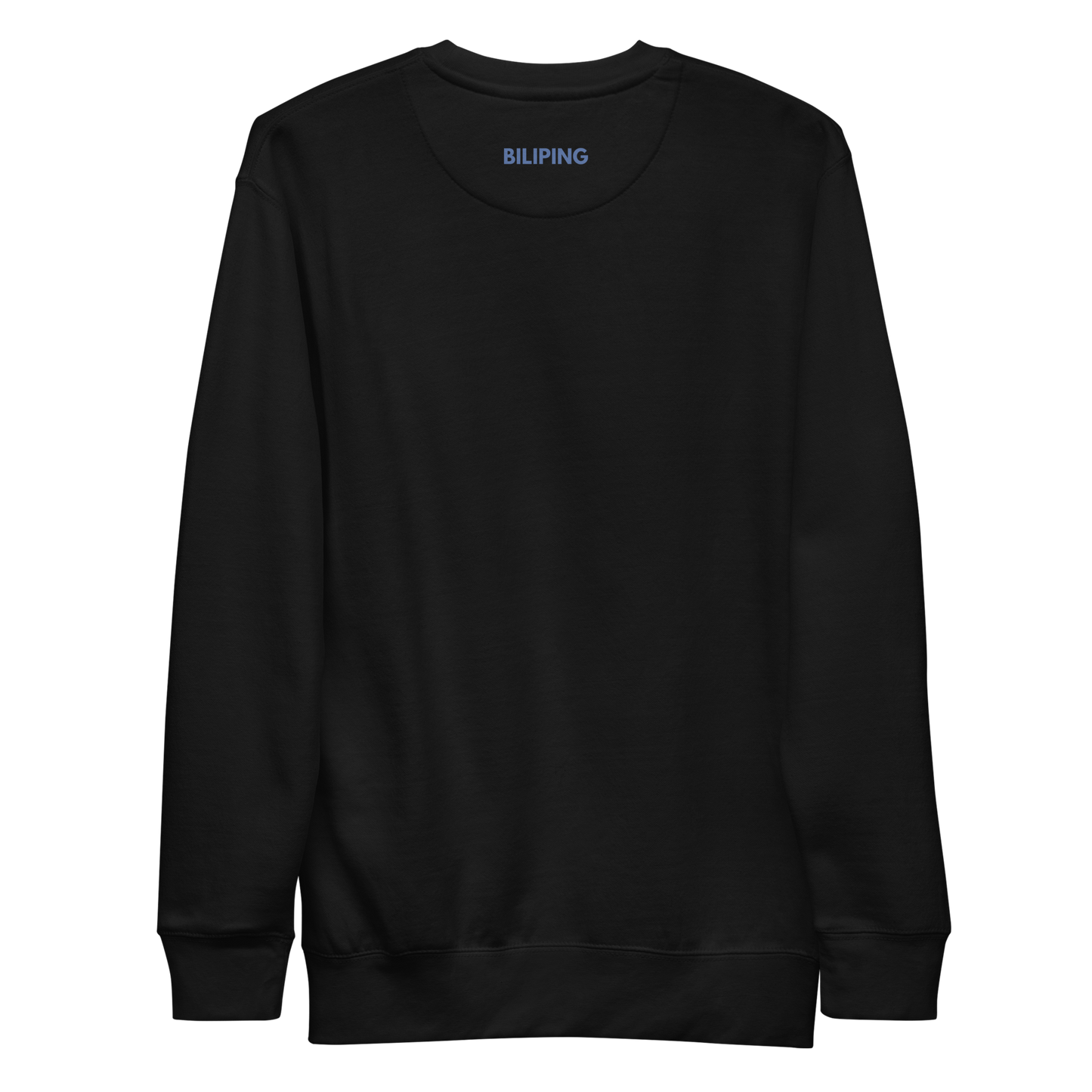 Plain black SILENSWEAT crew-neck sweatshirt laid flat, “BILIPING” in collar.