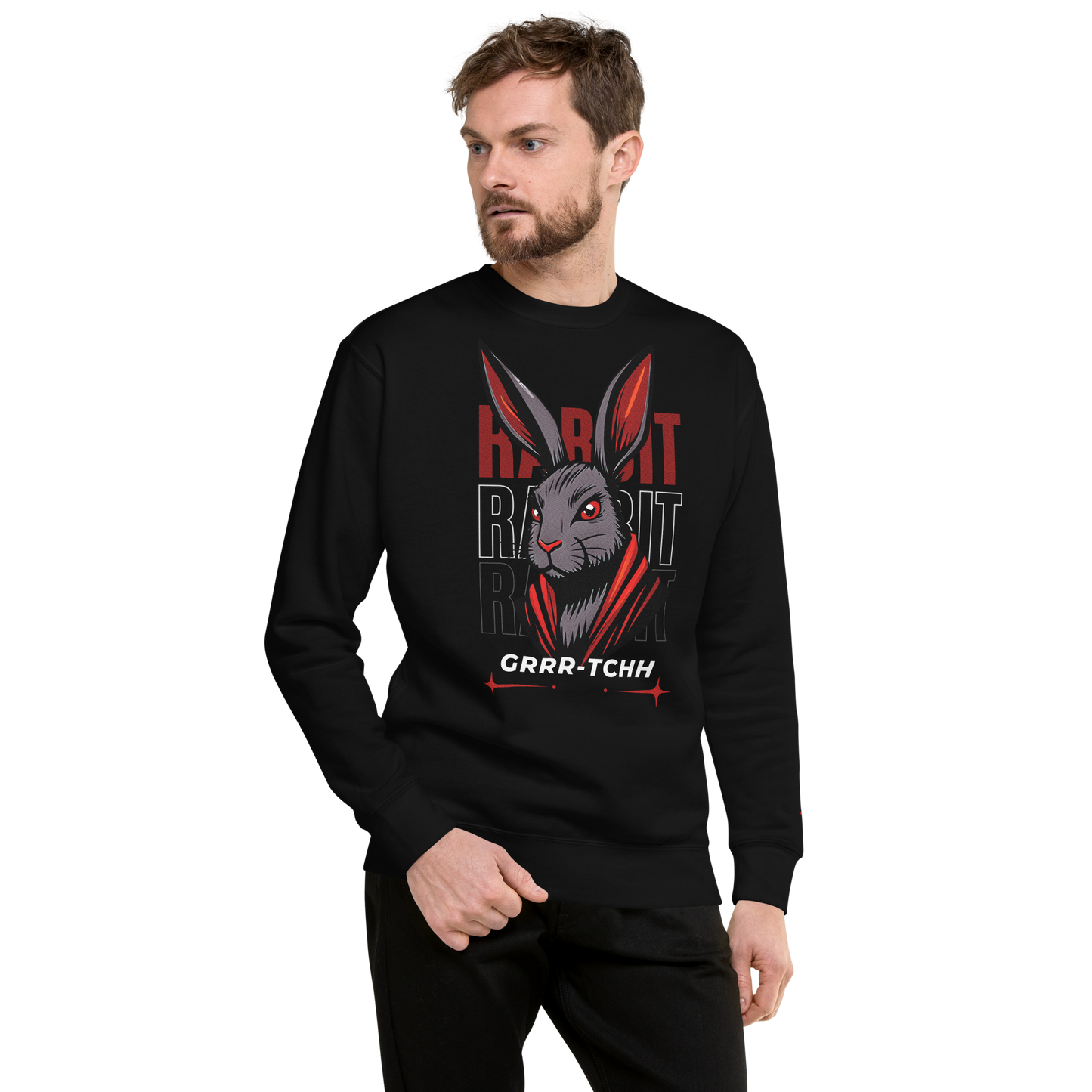 Burrow sweatshirt with ribbed crew neck, close-up of man's face.