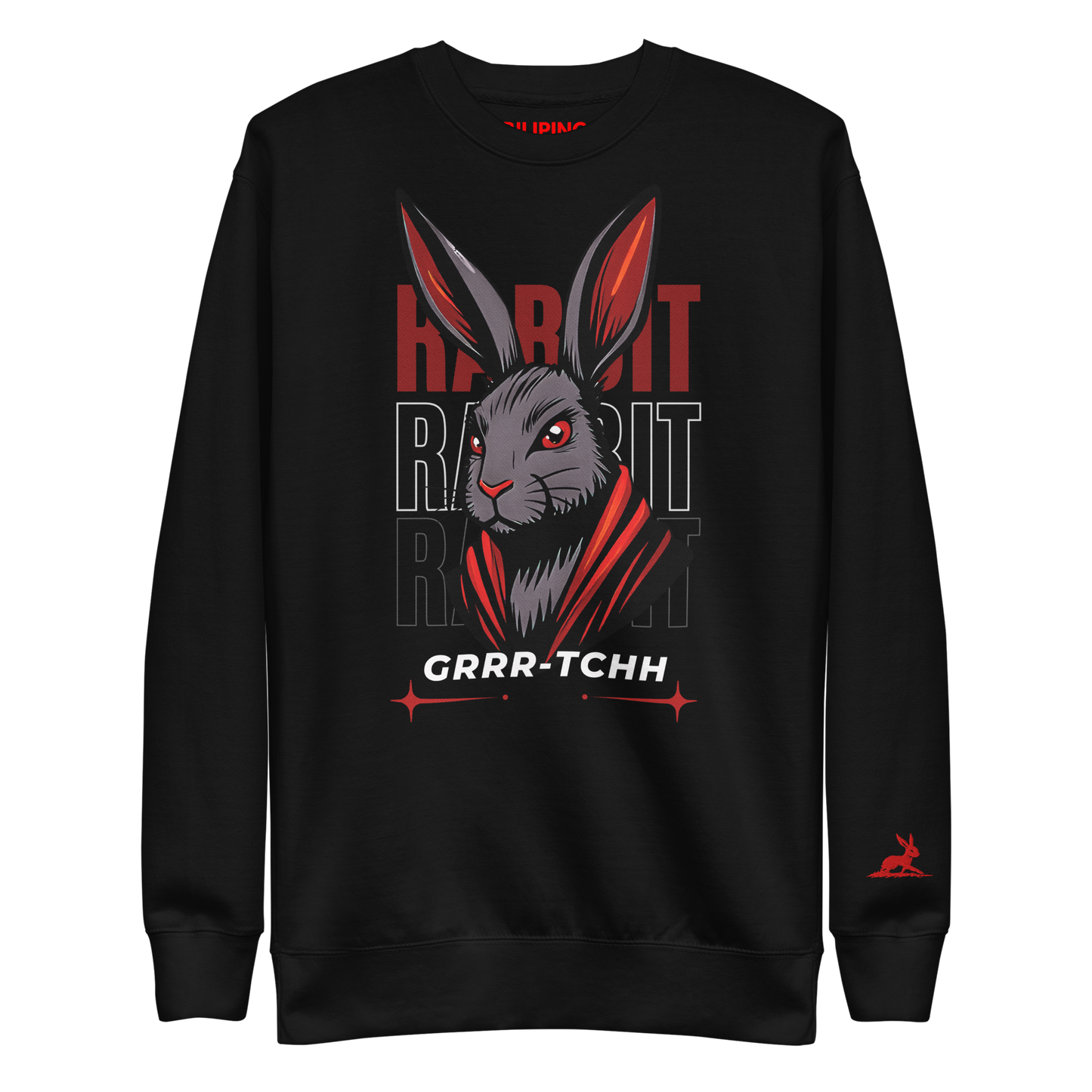 Burrow sweatshirt featuring a rabbit design on a black long-sleeve top.